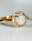 Opal Ring 14k Solid Gold, Handmade Opal Sun Ring, Round Opal and Diamond Sunrise Ring, October Birthstone Ring, Anniversary Ring