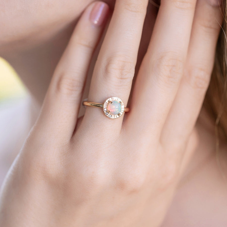 Opal Ring 14k Solid Gold, Handmade Opal Sun Ring, Round Opal and Diamond Sunrise Ring, October Birthstone Ring, Anniversary Ring