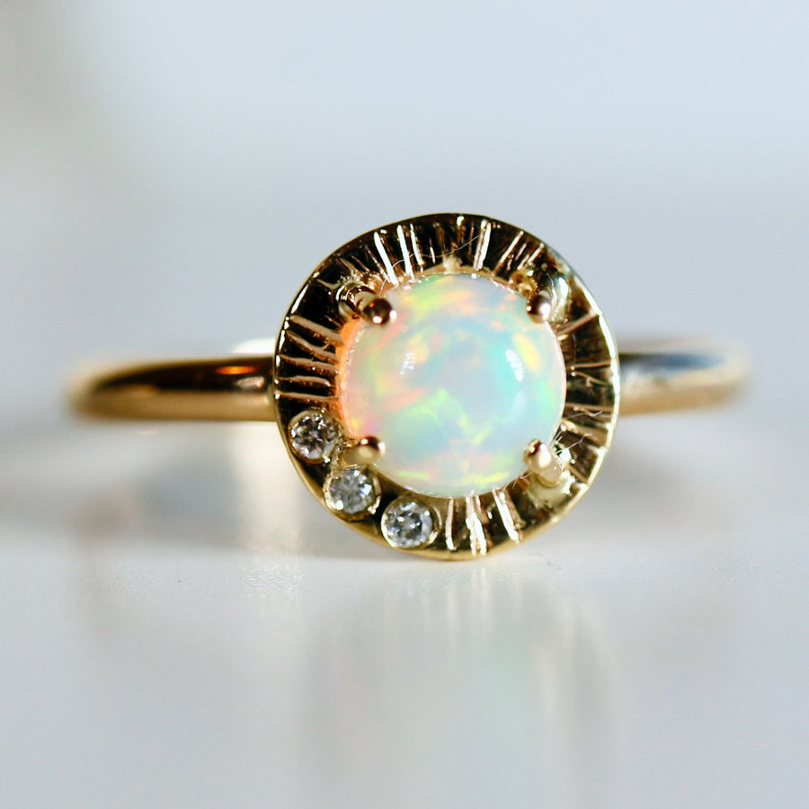 Opal Ring 14k Solid Gold, Handmade Opal Sun Ring, Round Opal and Diamond Sunrise Ring, October Birthstone Ring, Anniversary Ring