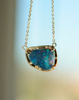 Boulder Opal with Diamonds Pendant 14k Solid Gold Chain, October Birthstone, Gold Blue Fire Opal Necklace, Australian Opal Necklace