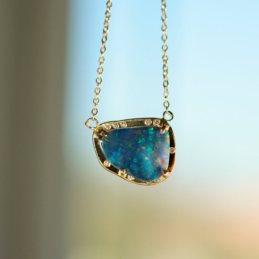 Boulder Opal with Diamonds Pendant 14k Solid Gold Chain, October Birthstone, Gold Blue Fire Opal Necklace, Australian Opal Necklace