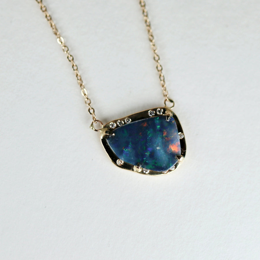 Boulder Opal with Diamonds Pendant 14k Solid Gold Chain, October Birthstone, Gold Blue Fire Opal Necklace, Australian Opal Necklace