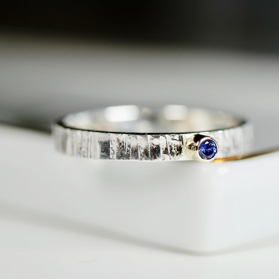 Sapphire Ring, Mixed Metal Ring, Sterling Silver Sapphire Ring, September Birthstone, Hammered Silver Band 14k Gold Bezel Set Promise Ring