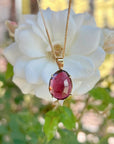 Pink Tourmaline Necklace 14k Gold, Rose Cut Tourmaline and Triangle Diamond Pendant