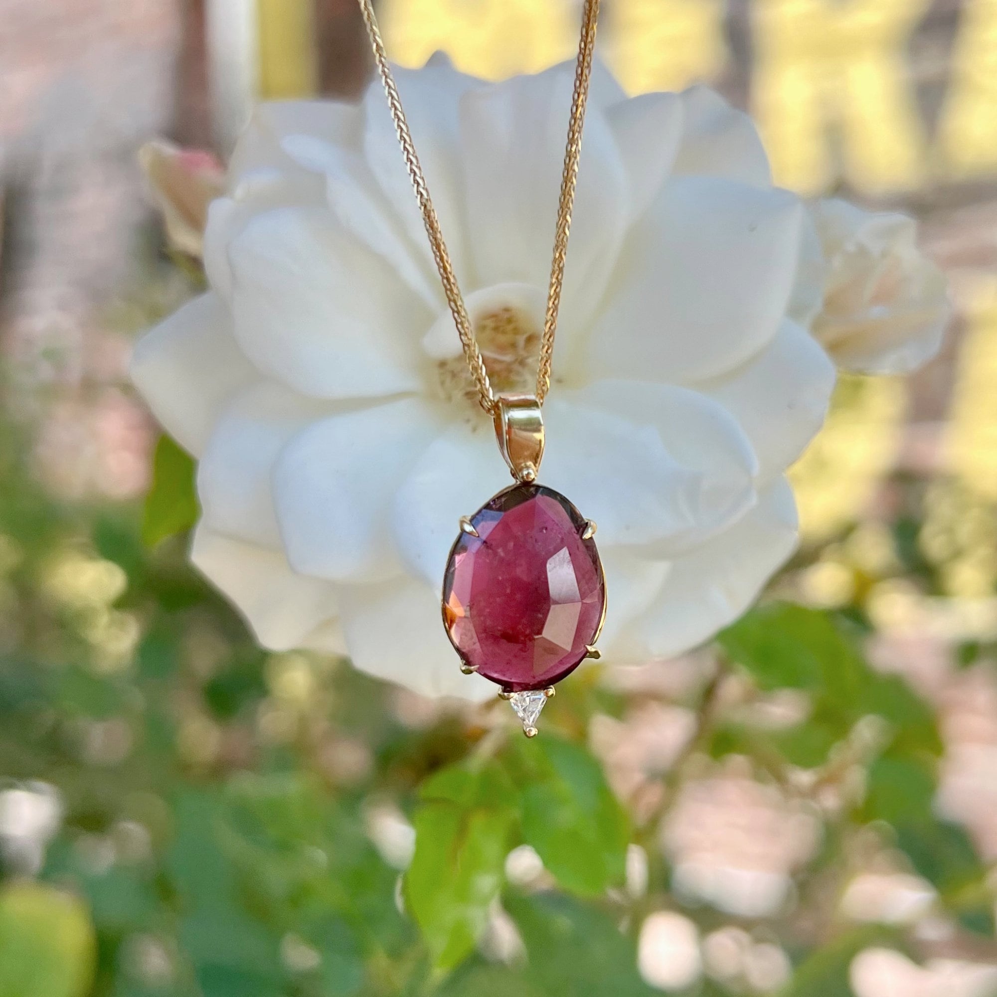 Pink Tourmaline Necklace 14k Gold, Rose Cut Tourmaline and Triangle Diamond Pendant - Melt'm Jewelry