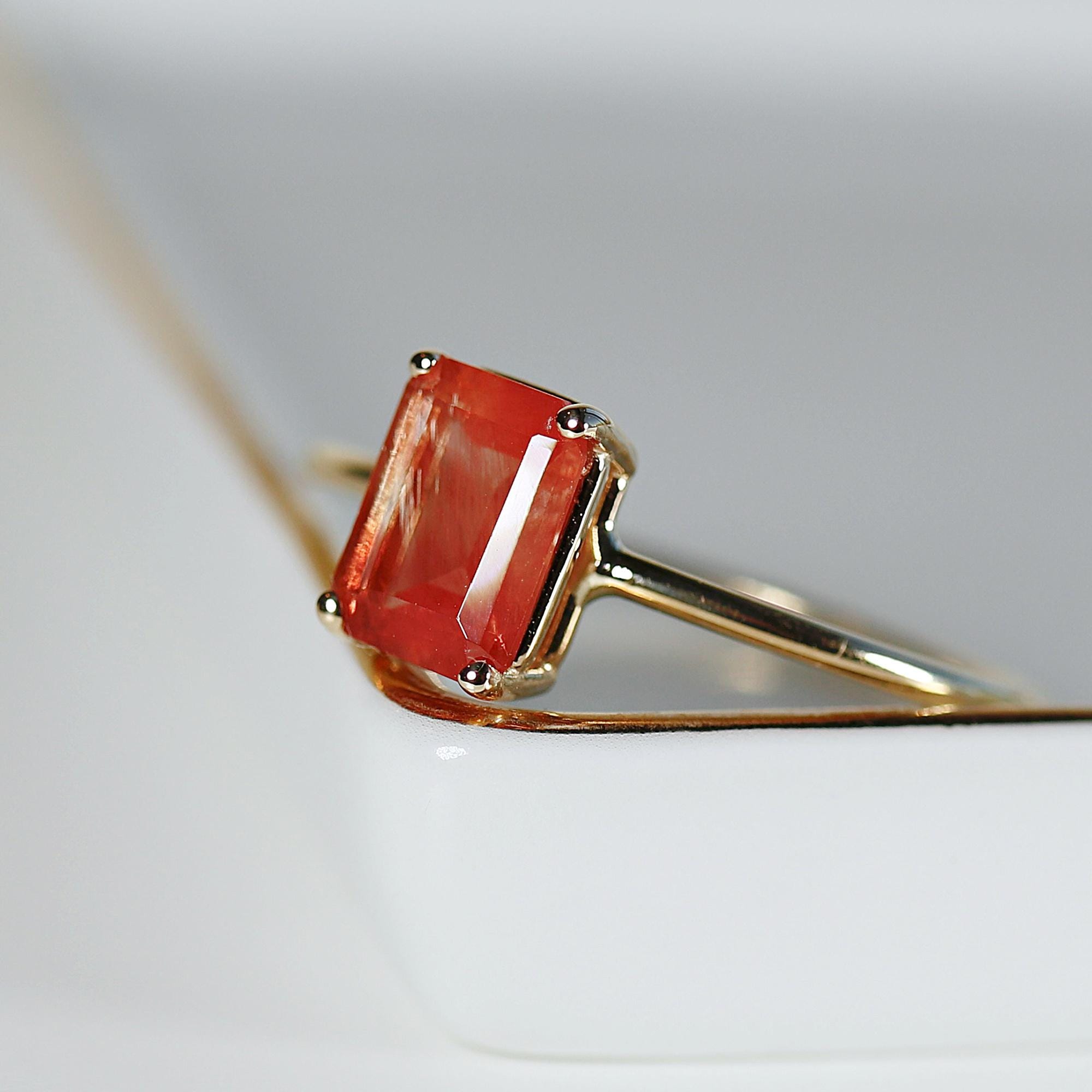 Solitaire Sunstone Ring 14k Solid Gold, Emerald Cut Sunstone Engagement Ring, Sun Stone Promise Ring, Anniversary Ring