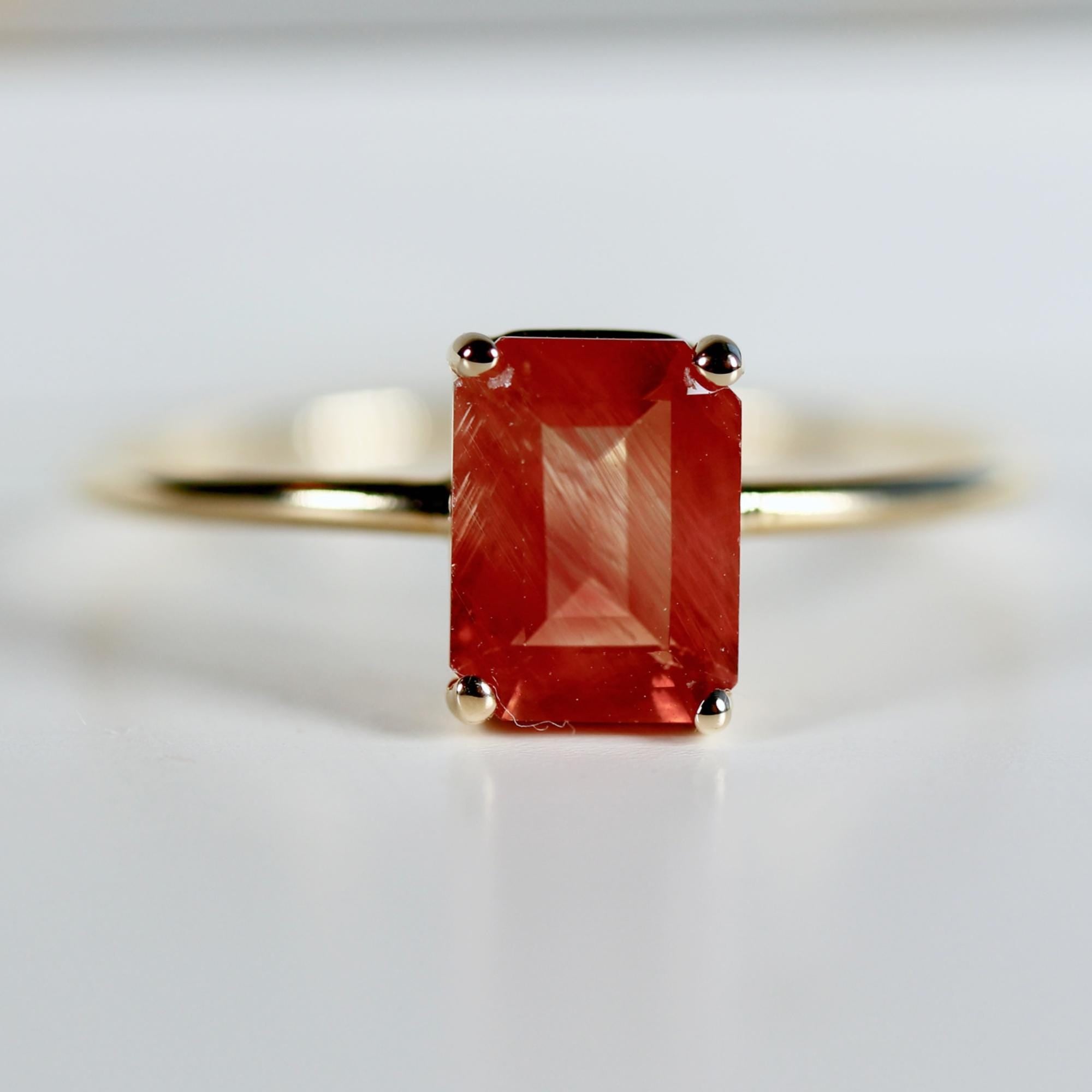 Solitaire Sunstone Ring 14k Solid Gold, Emerald Cut Sunstone Engagement Ring, Sun Stone Promise Ring, Anniversary Ring