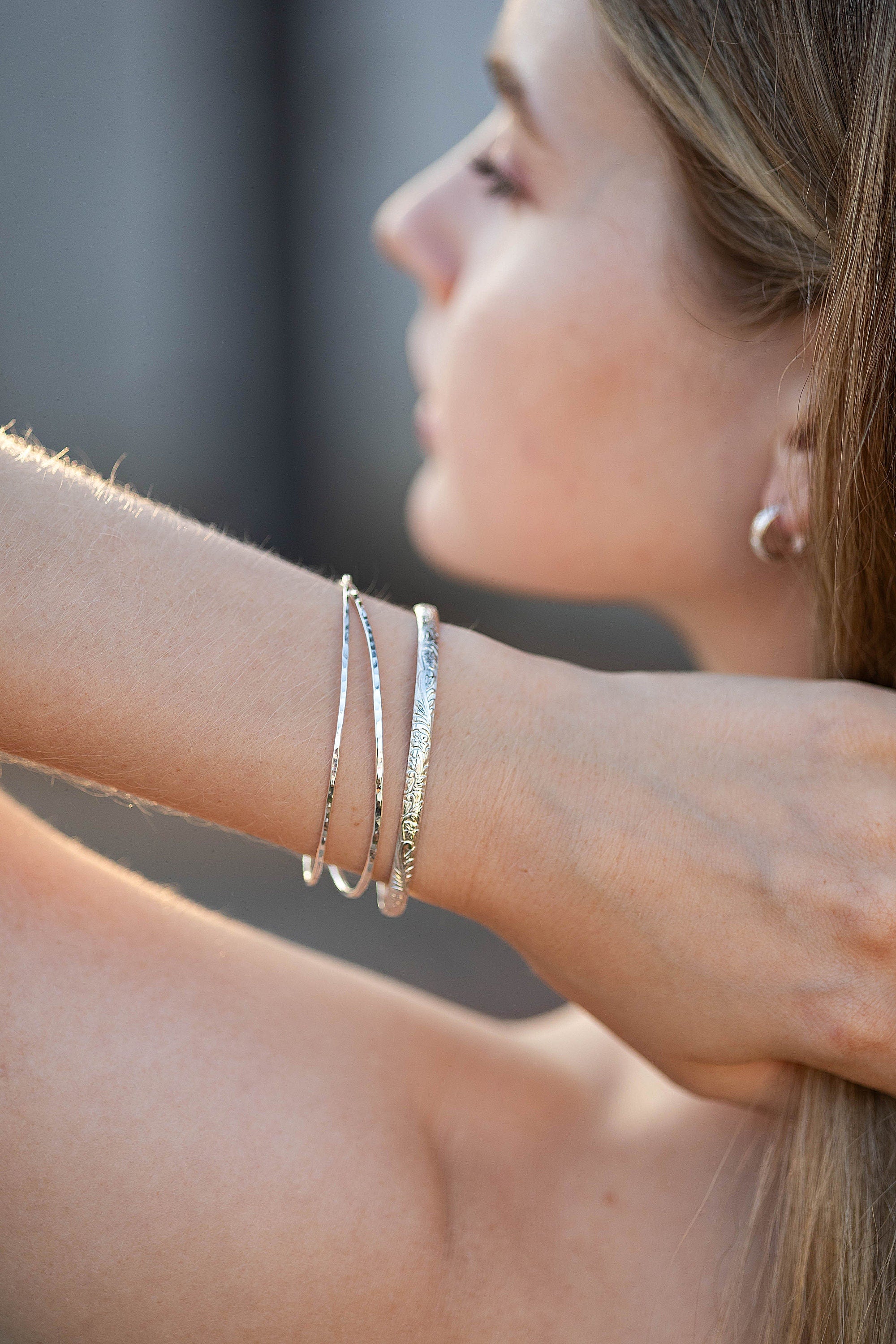 Sterling Silver Open Cuff Bracelet Leaf &amp; Flowers, Handwriting Inside