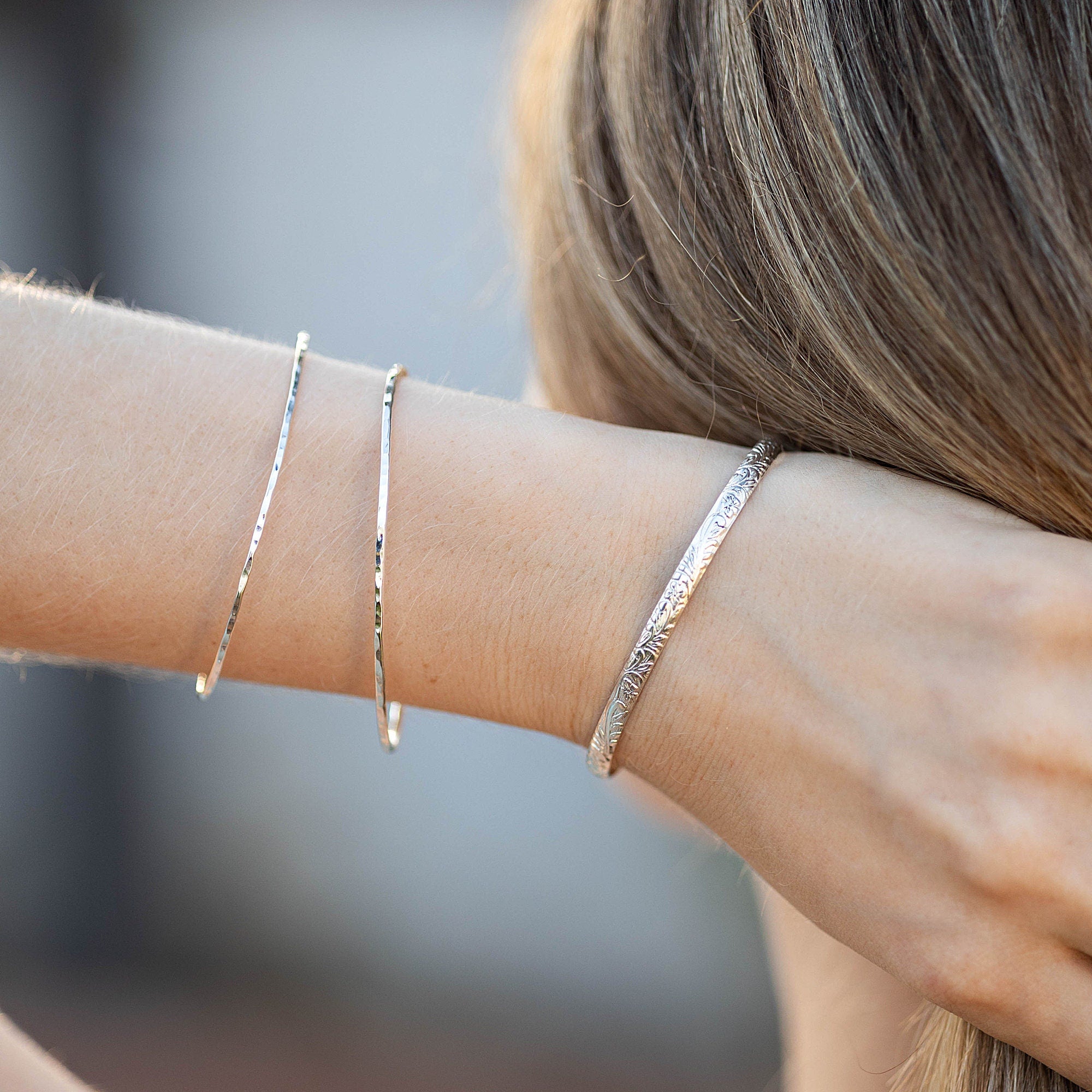 Sterling Silver Open Cuff Bracelet Leaf &amp; Flowers, Handwriting Inside - Melt'm Jewelry