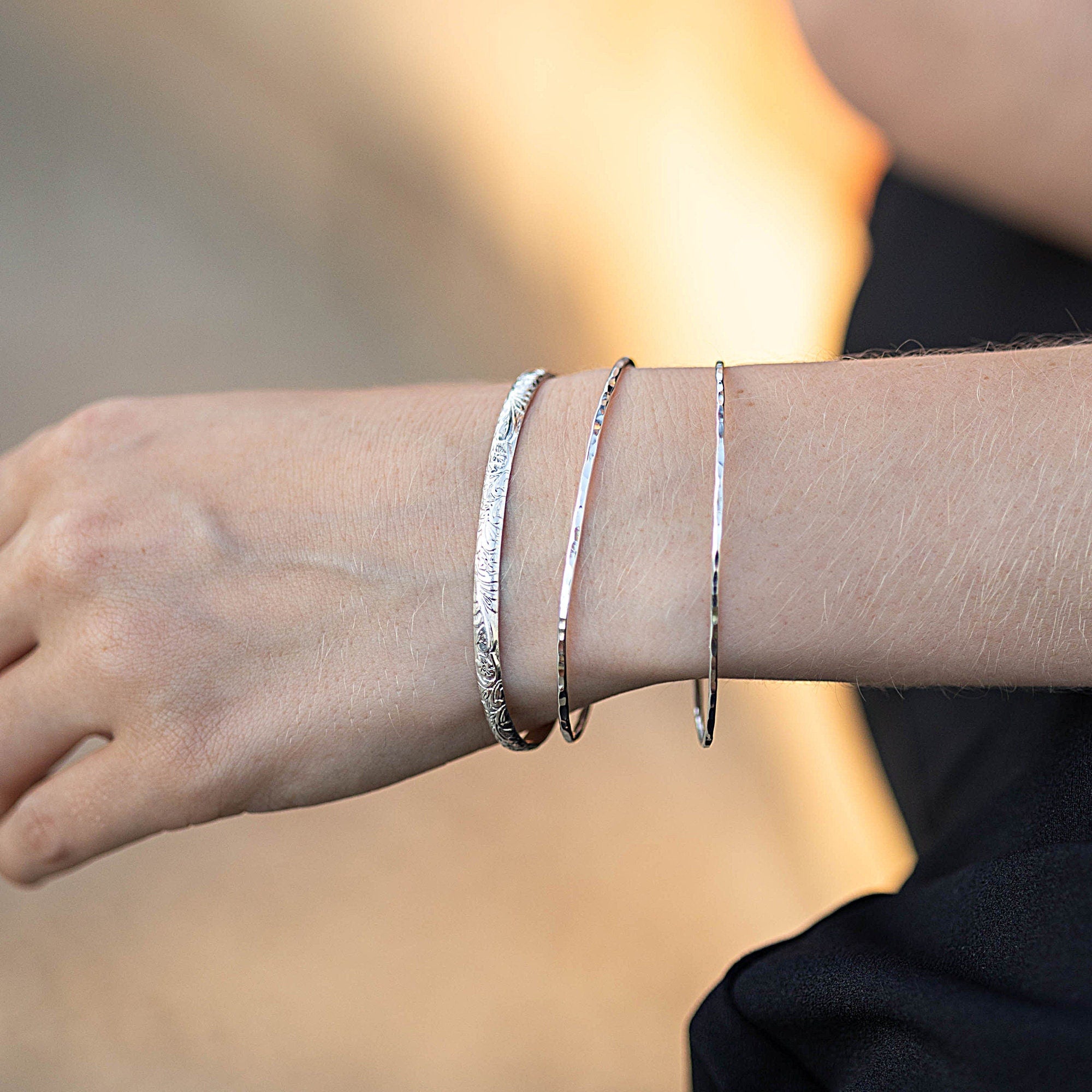 Sterling Silver Open Cuff Bracelet Leaf &amp; Flowers, Handwriting Inside - Melt'm Jewelry