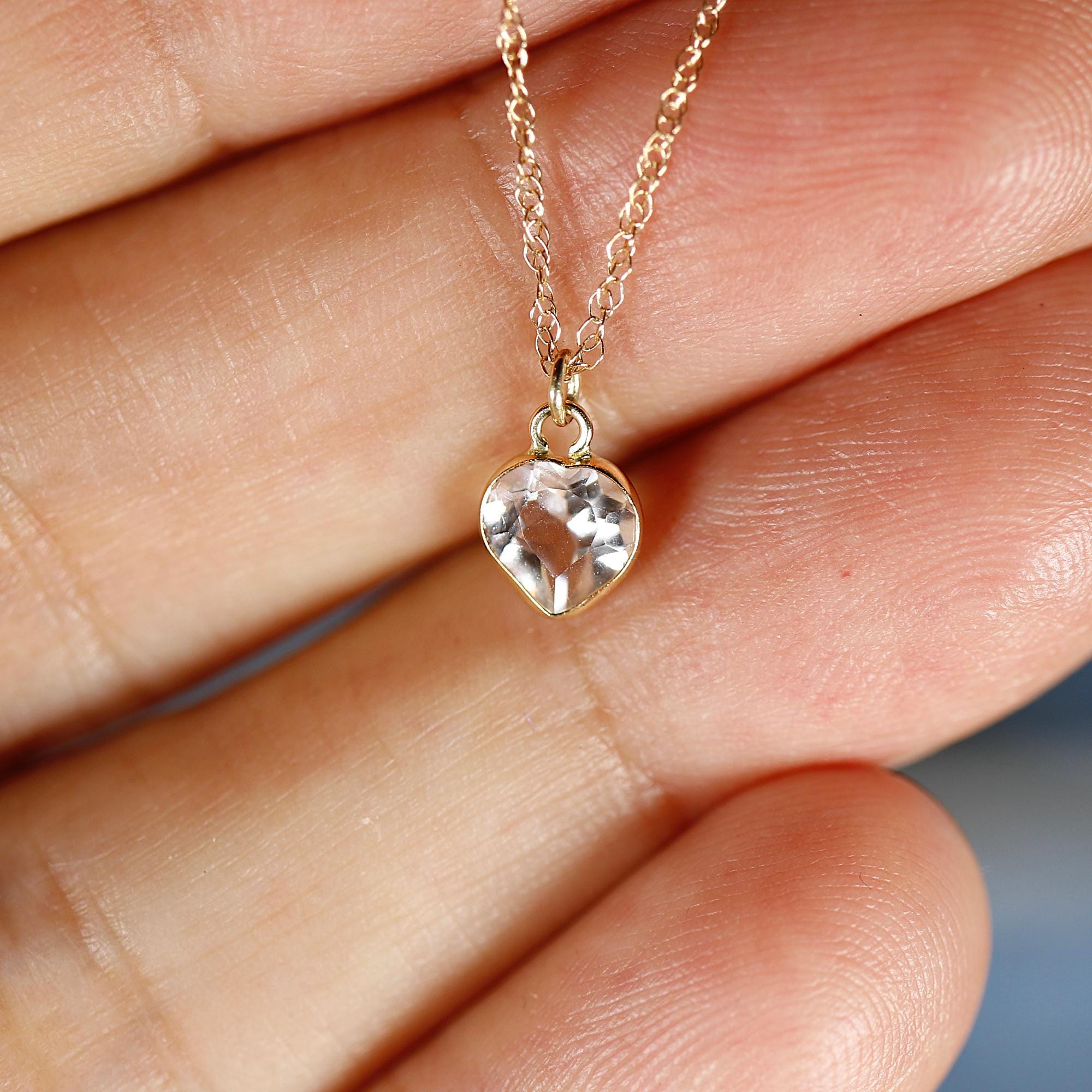 Heart White Topaz Charm or Necklace 14k Solid Gold - Melt'm Jewelry