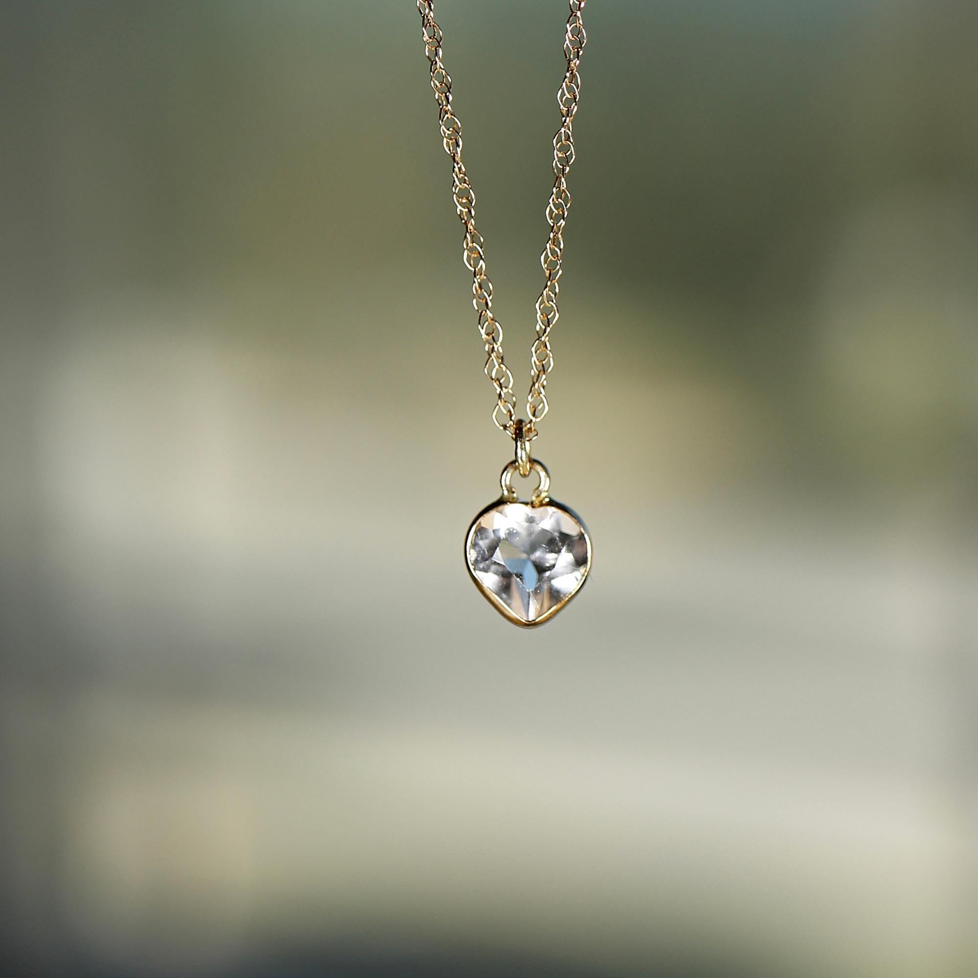 Heart White Topaz Charm or Necklace 14k Solid Gold - Melt'm Jewelry