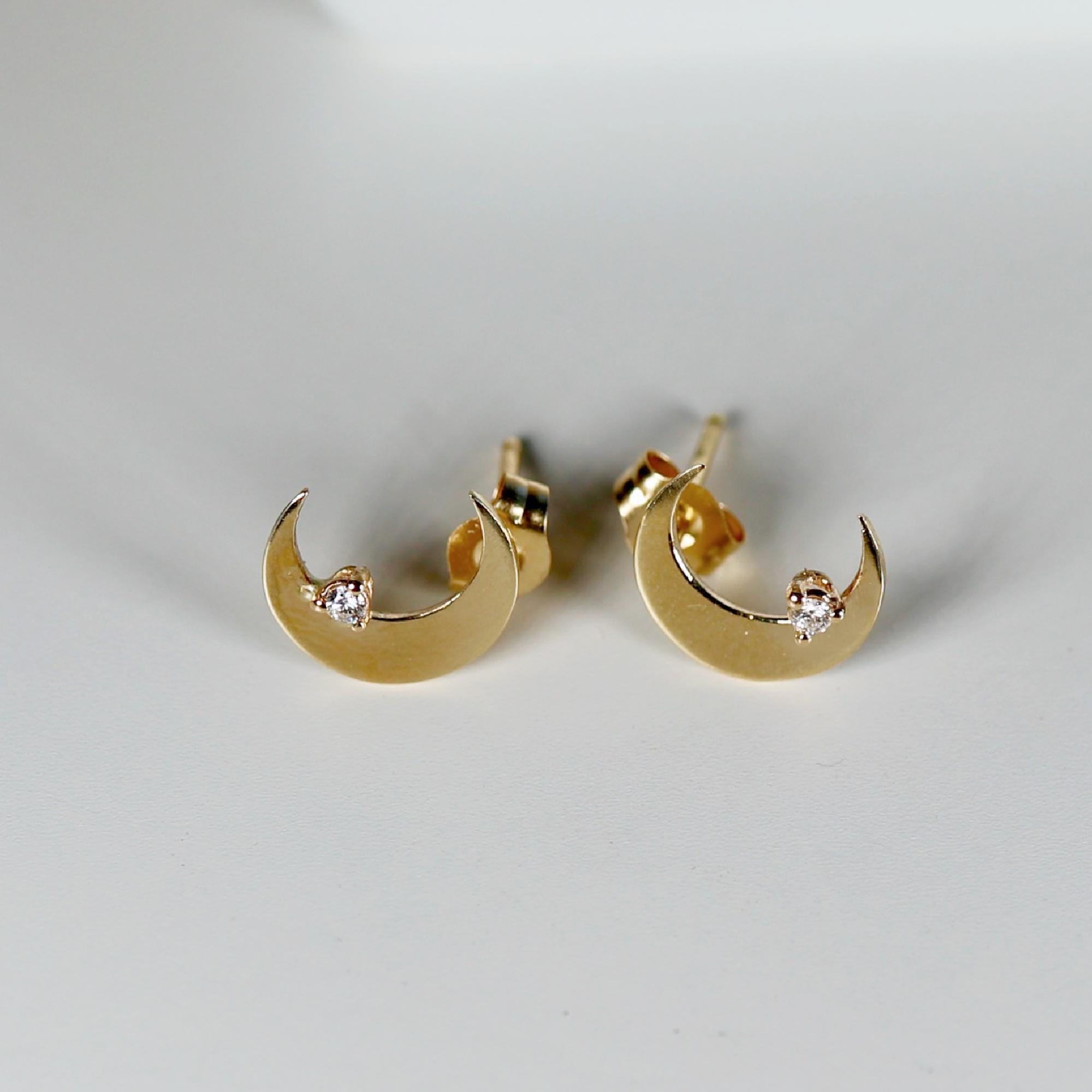 Diamond Moon Earrings 14k Solid Gold (SINGLE or PAIR) - Melt'm Jewelry