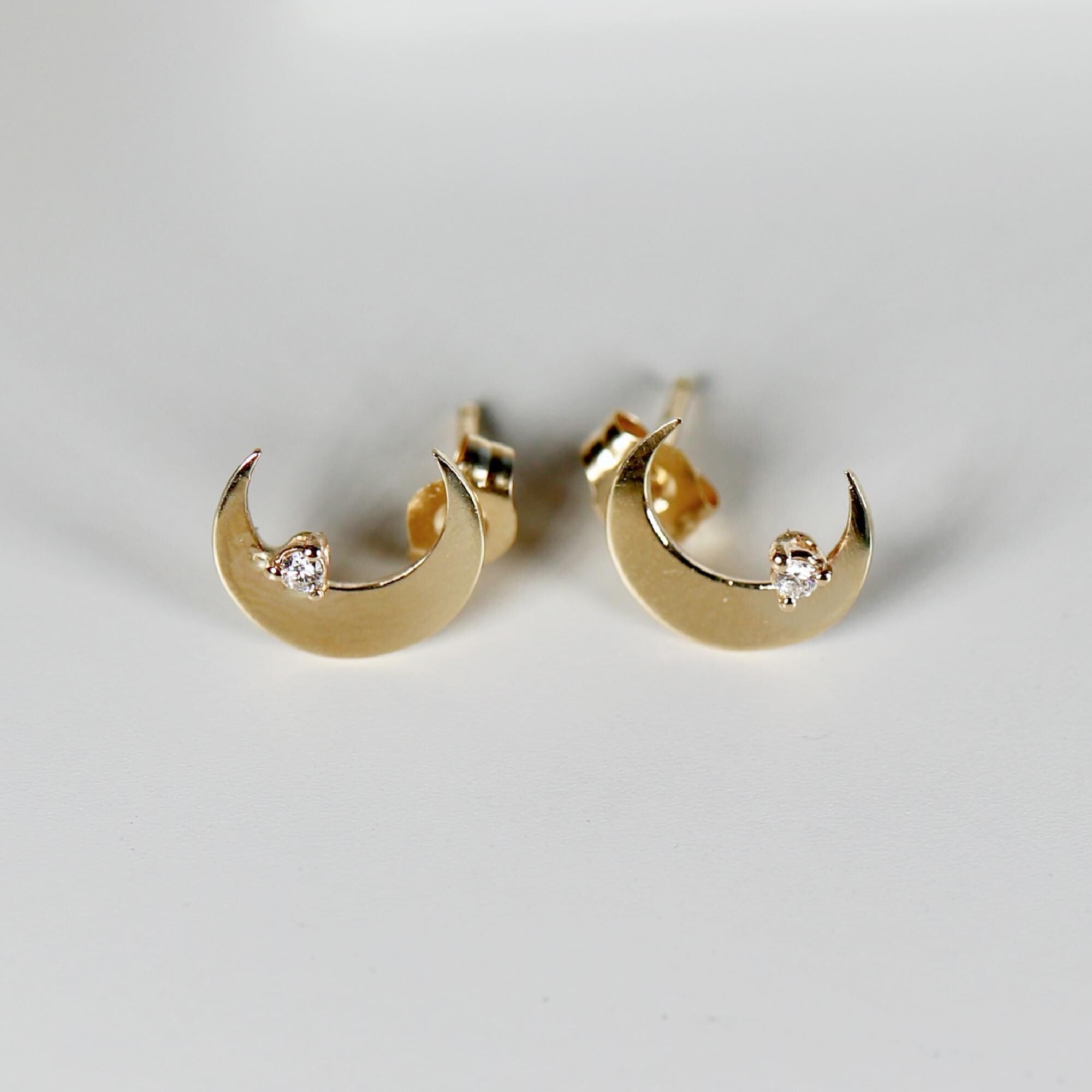 Diamond Moon Earrings 14k Solid Gold