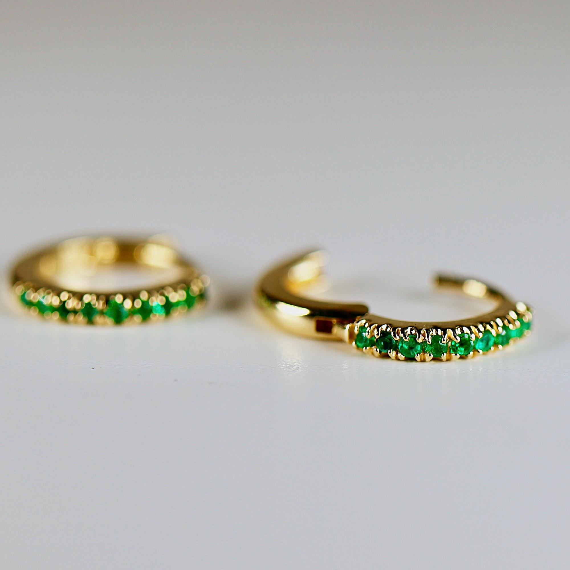 Mini Emerald Earrings 14k Gold, 10 mm Emerald Huggies Hoop Earrings, Second Hole Hoops Single (Half Pair) Gemstone Hoop Earring