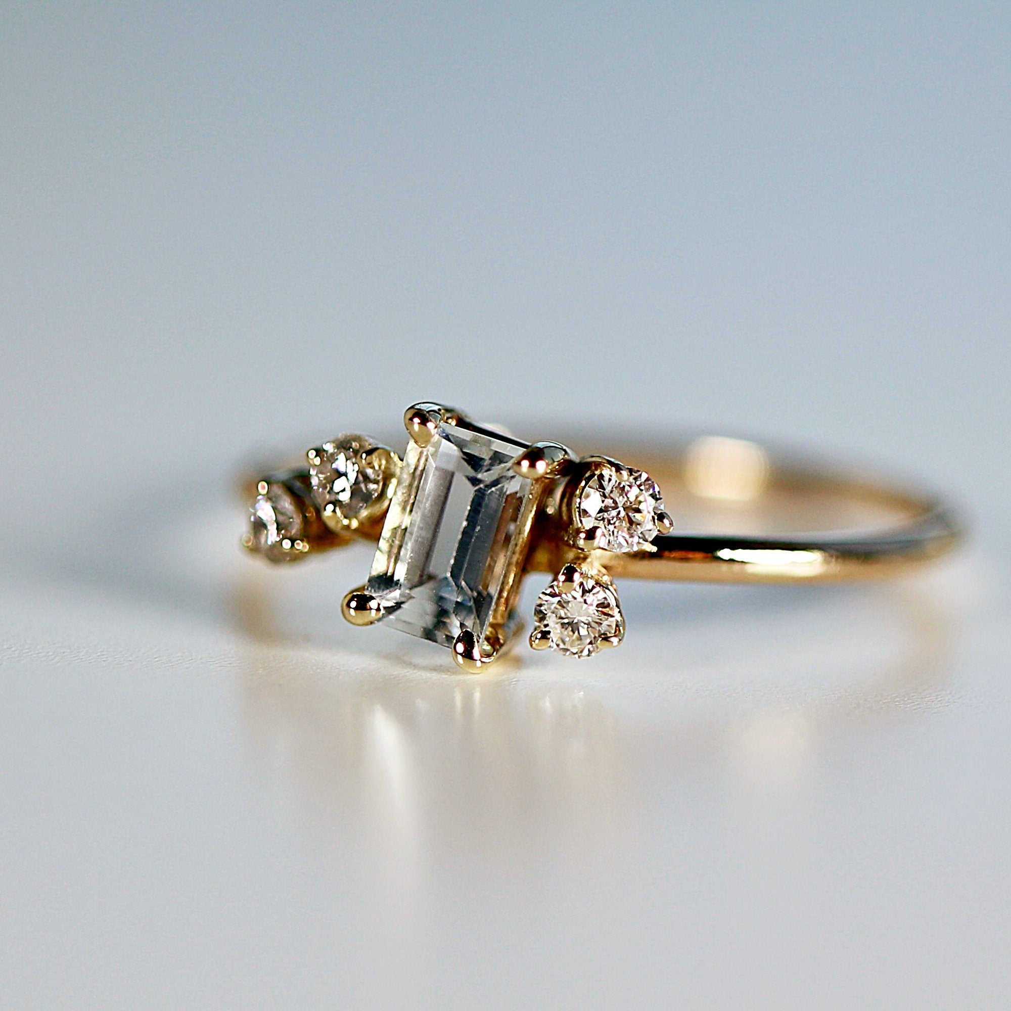 Diamond and Aquamarine Cluster Engagement Ring 14k Solid Gold