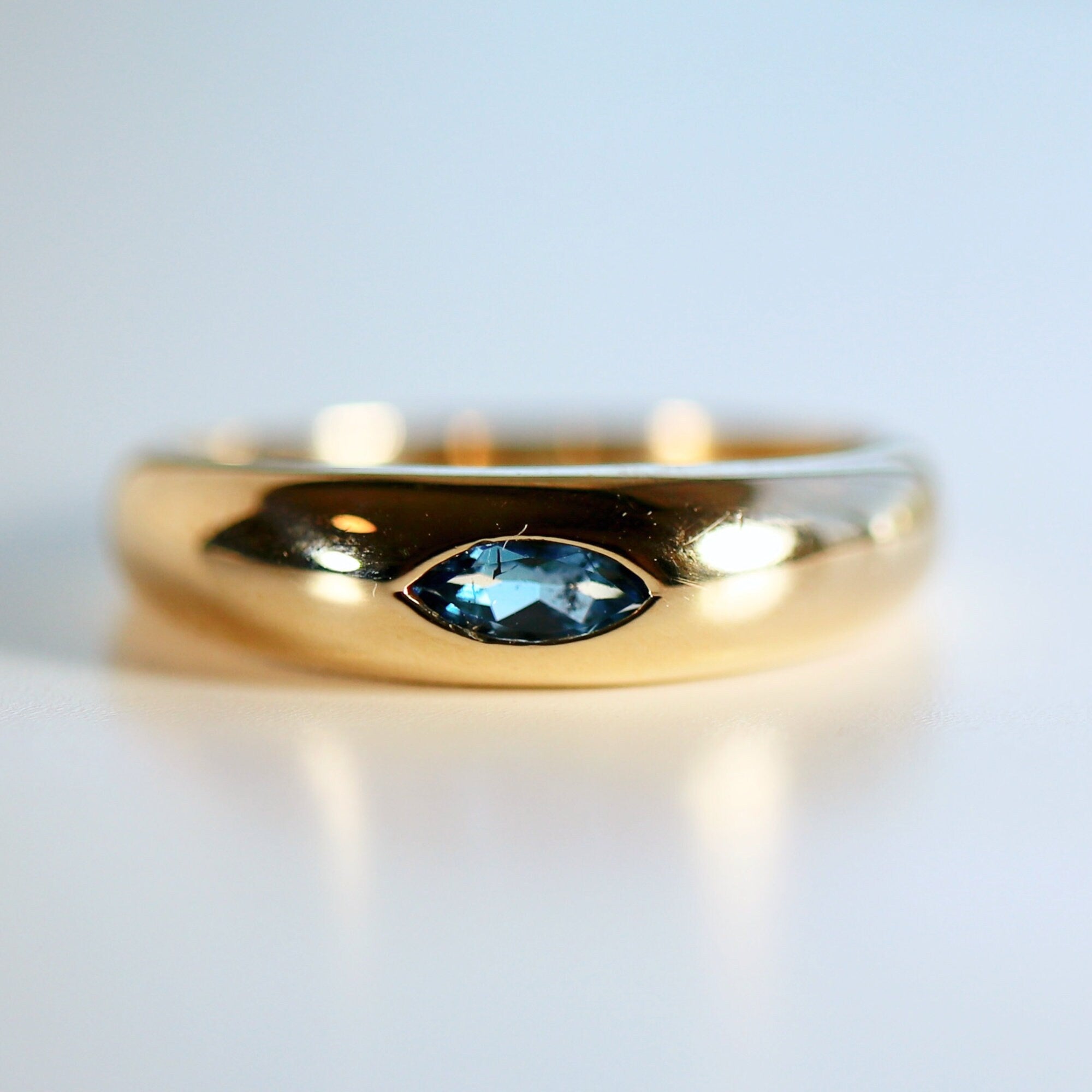 14k Gold Minimalist Dome Ring With Marquise London Blue Topaz