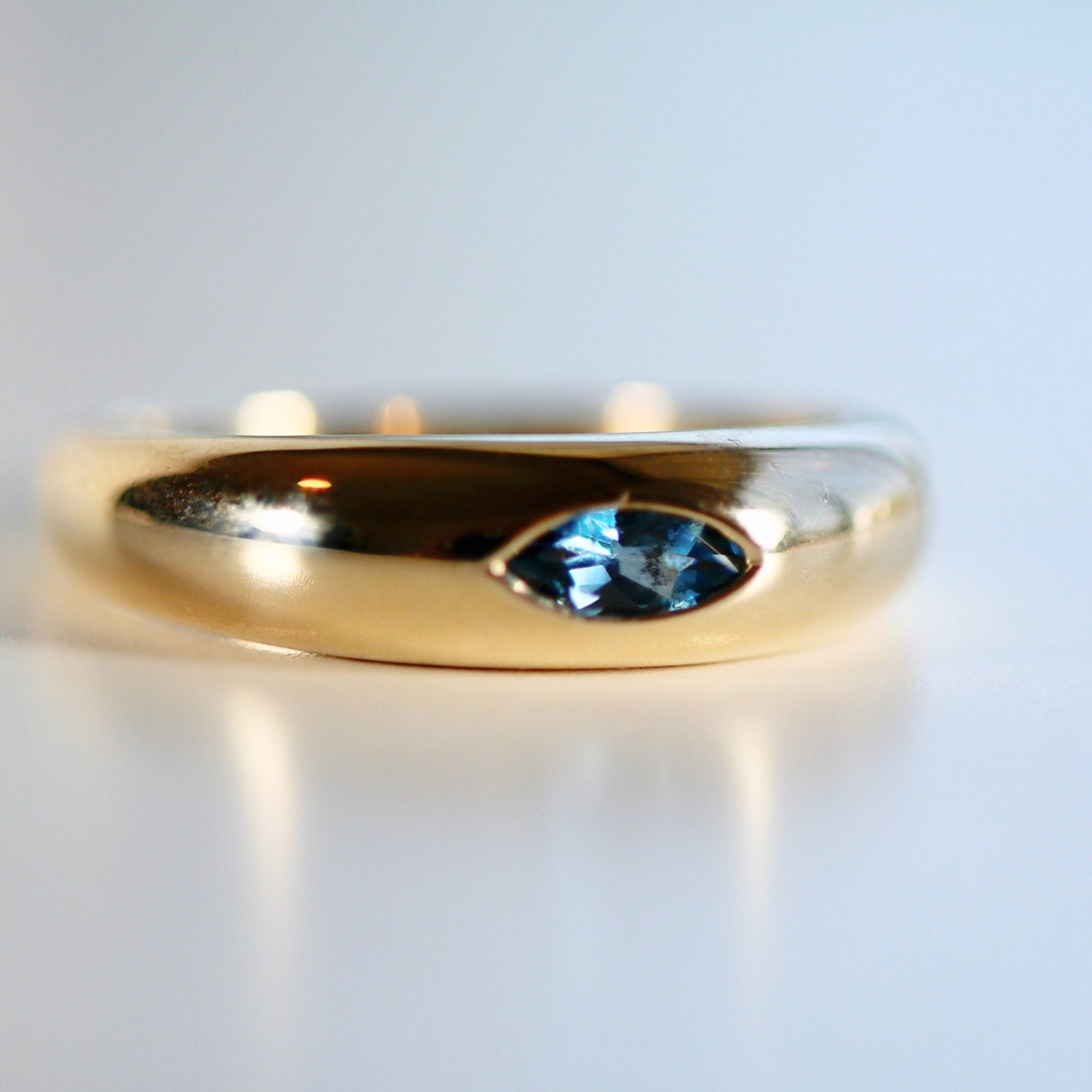 14k Gold Minimalist Dome Ring With Marquise London Blue Topaz - Melt'm Jewelry