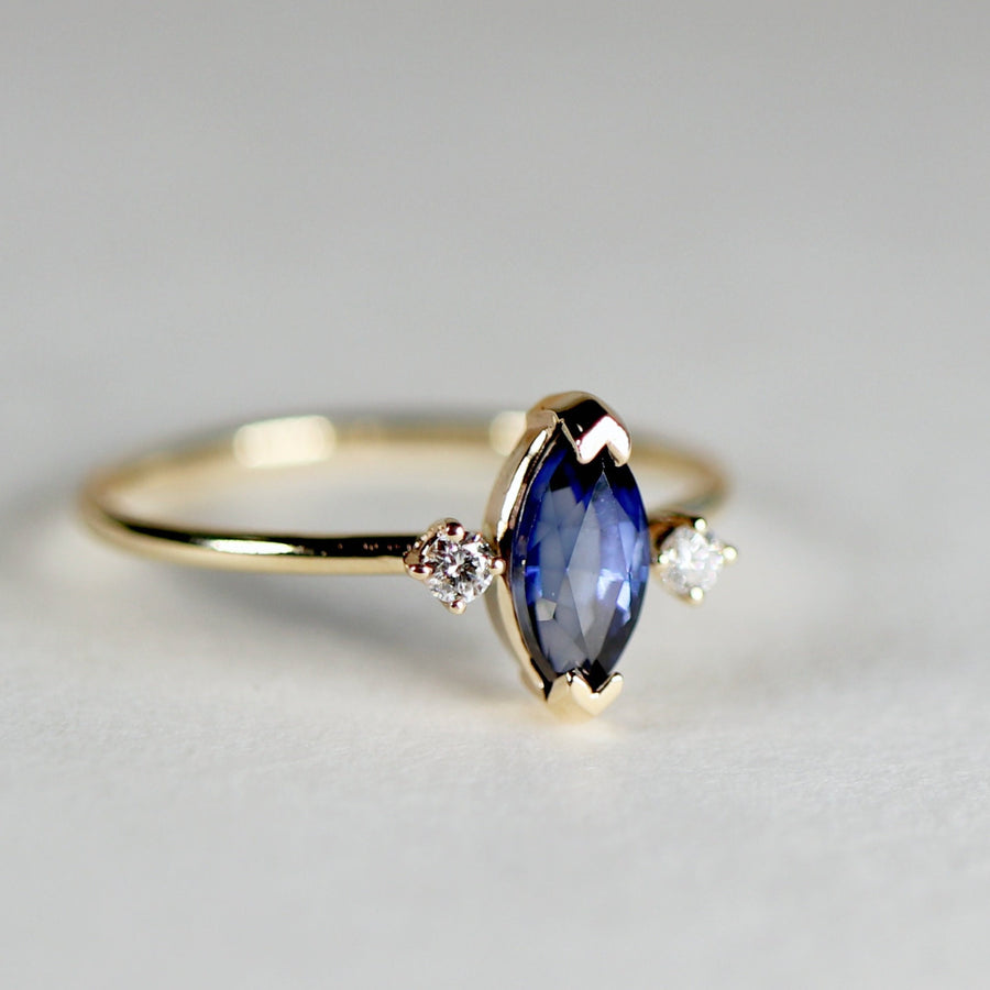 Marquise Blue Sapphire w Diamonds Ring, Anniversary Gift, Sapphire Ring, Three Stone Ring, Unique Marquise Engagement Ring