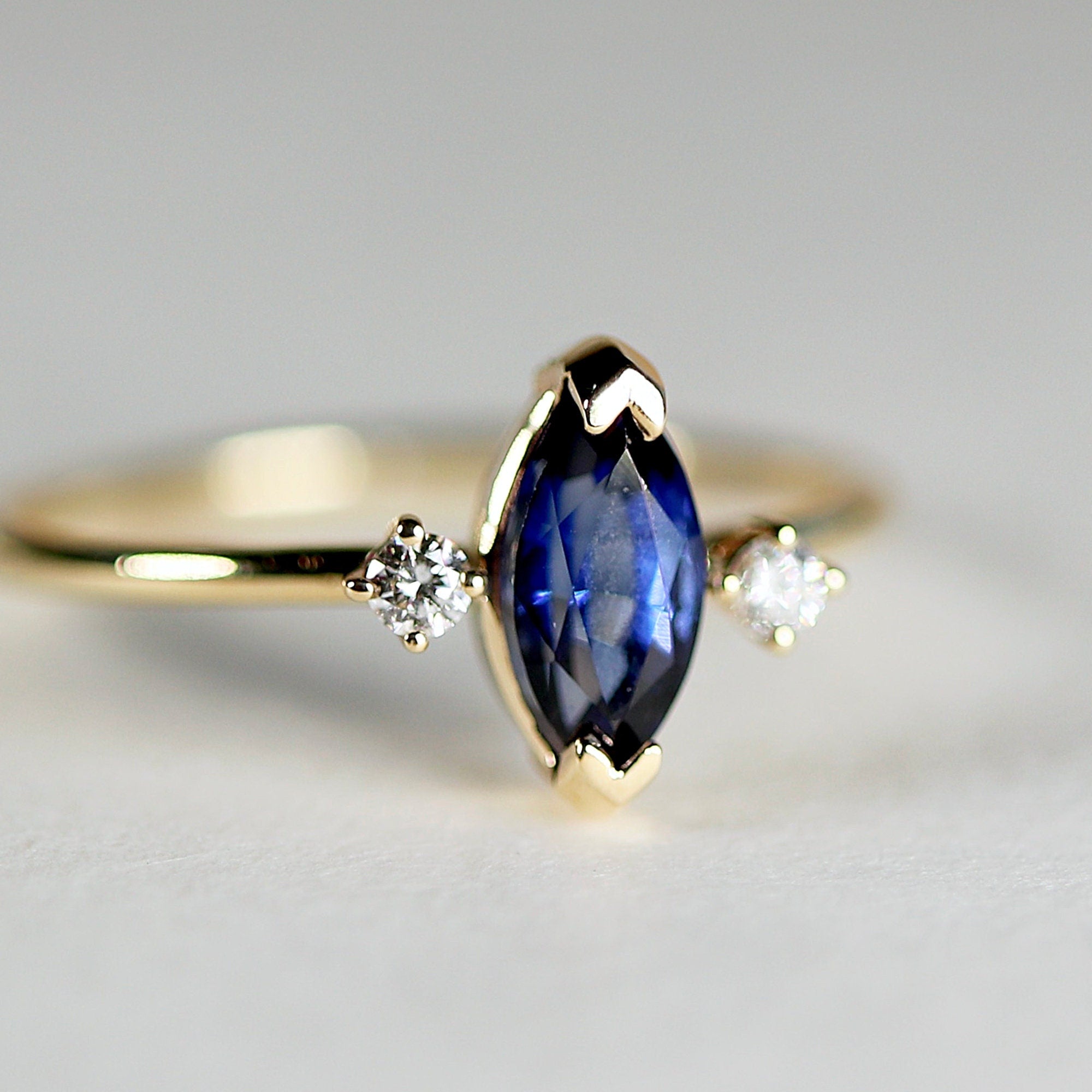 Marquise Blue Sapphire w Diamonds Ring, Anniversary Gift, Sapphire Ring, Three Stone Ring, Unique Marquise Engagement Ring