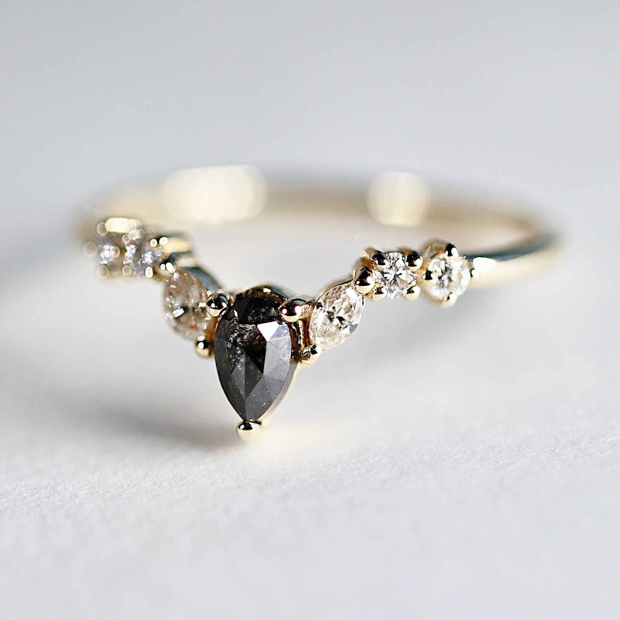 Rose Cut Pear Shape Salt and Pepper Diamond Ring 14k Yellow Gold - Melt'm Jewelry