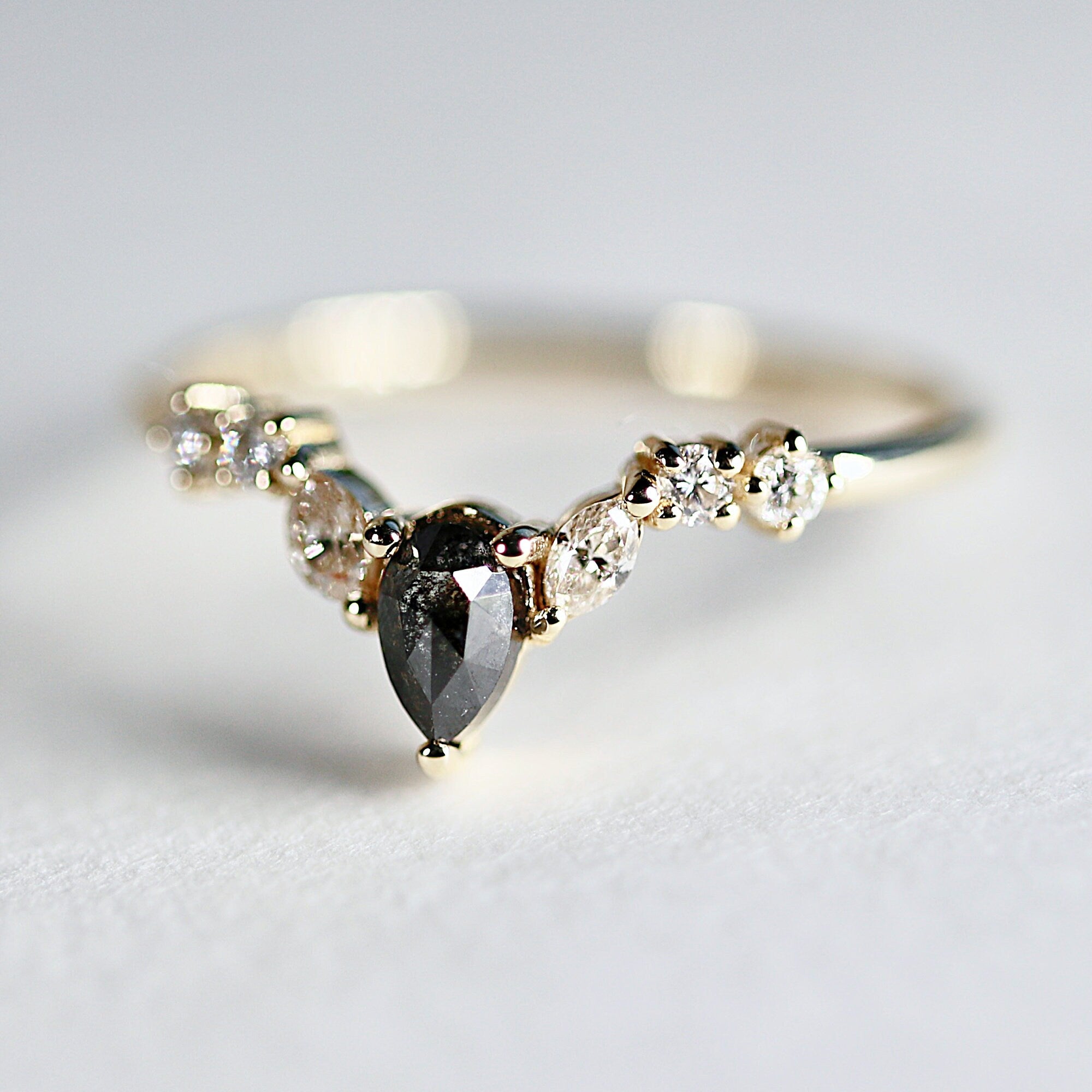 Rose Cut Pear Shape Salt and Pepper Diamond Ring 14k Yellow Gold - Melt'm Jewelry