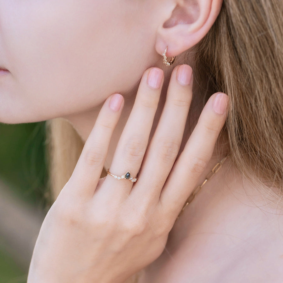 Pear Salt and Pepper Diamond Ring 14k Yellow Gold, Rose Cut Salt and Pepper Diamond Cluster Ring, Alternative Unique Rustic Diamond Ring