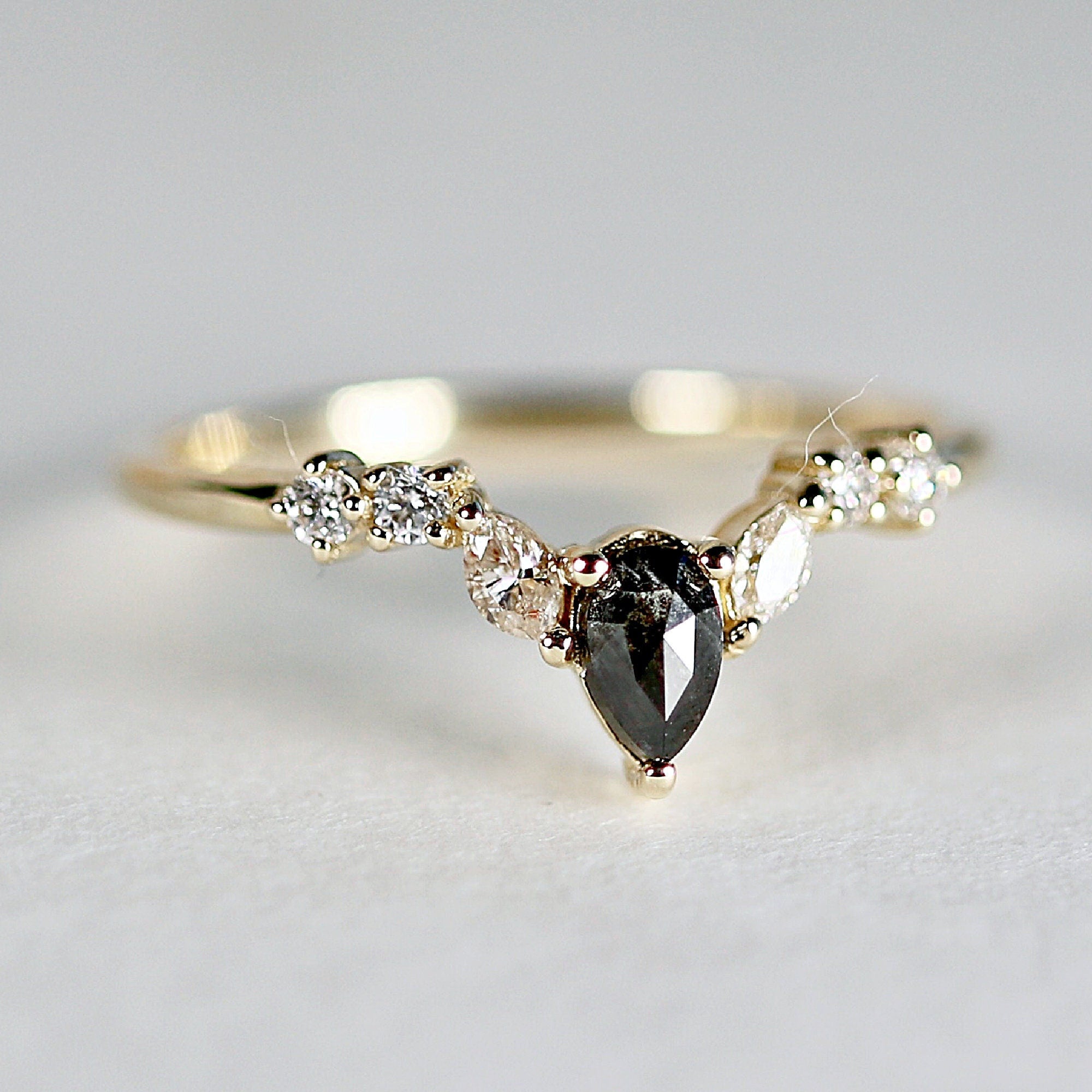 Rose Cut Pear Shape Salt and Pepper Diamond Ring 14k Yellow Gold - Melt'm Jewelry