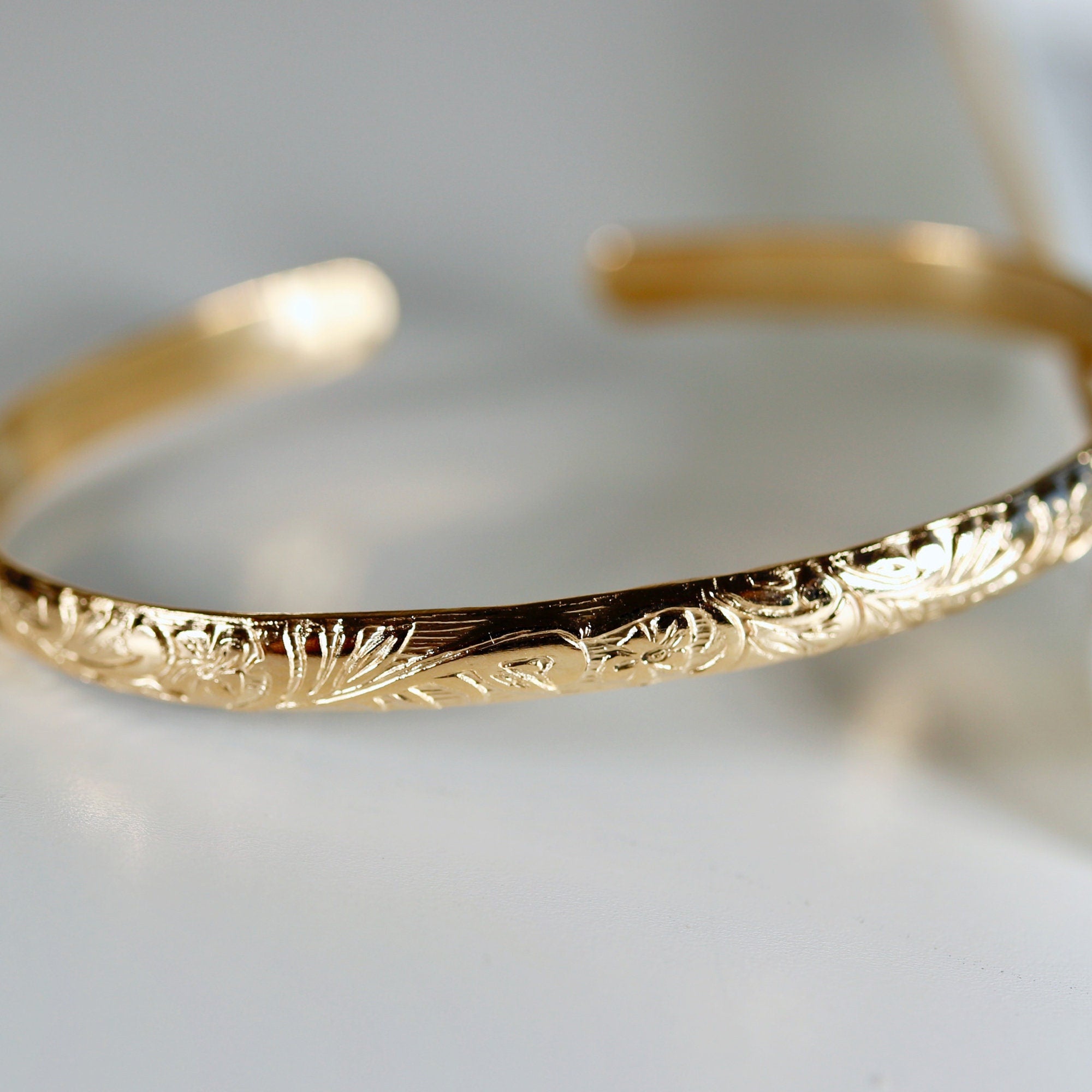 Engraved Baby Cuff, Leaf &amp; Flowers, Children Bracelet, Baby Cuff Bracelet - Melt'm Jewelry