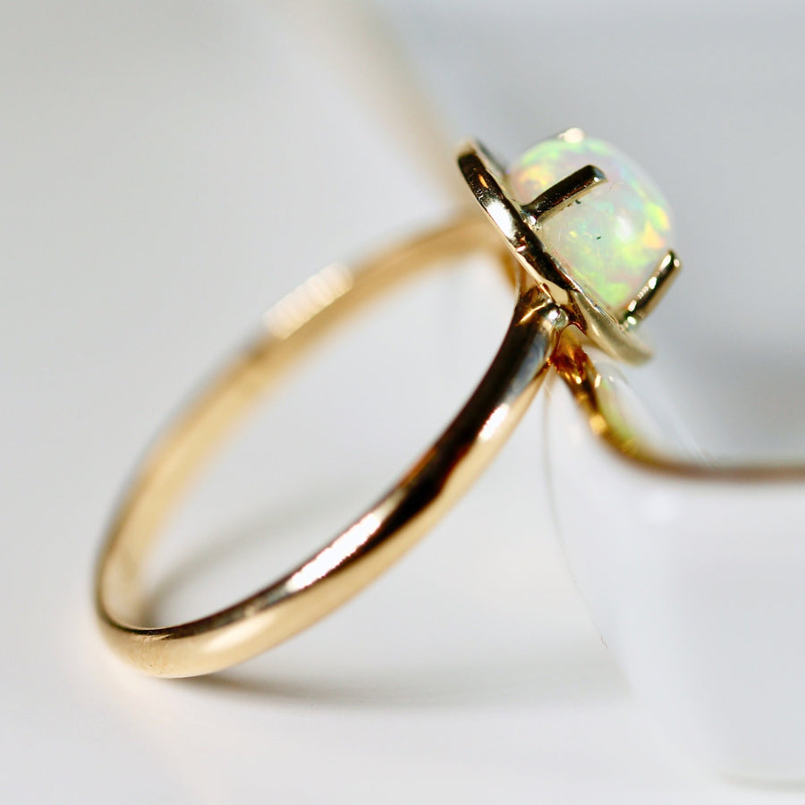 Opal Ring 14k Solid Gold, Handmade Opal Sun Ring, Round Opal and Diamond Sunrise Ring, October Birthstone Ring, Anniversary Ring