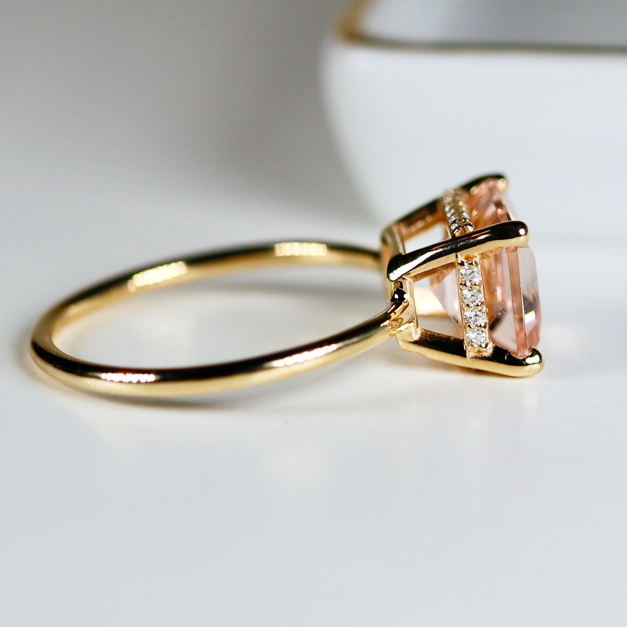 Emerald Cut Morganite Ring 14k Solid Gold, Morganite Engagement Ring, Hidden Halo Ring, Art Deco Engagement Ring,