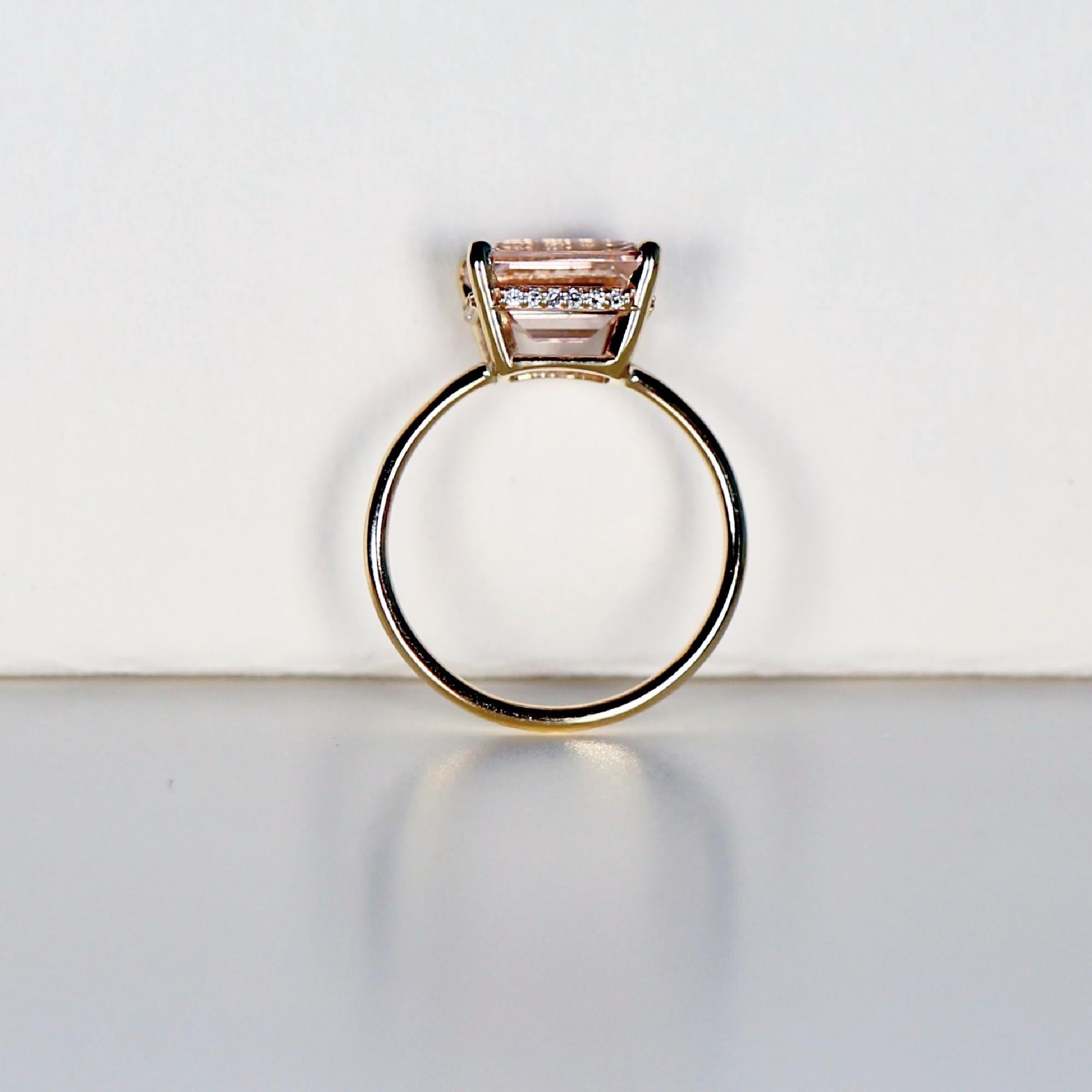 Emerald Cut Morganite Ring 14k Solid Gold, Morganite Engagement Ring, Hidden Halo Ring, Art Deco Engagement Ring,