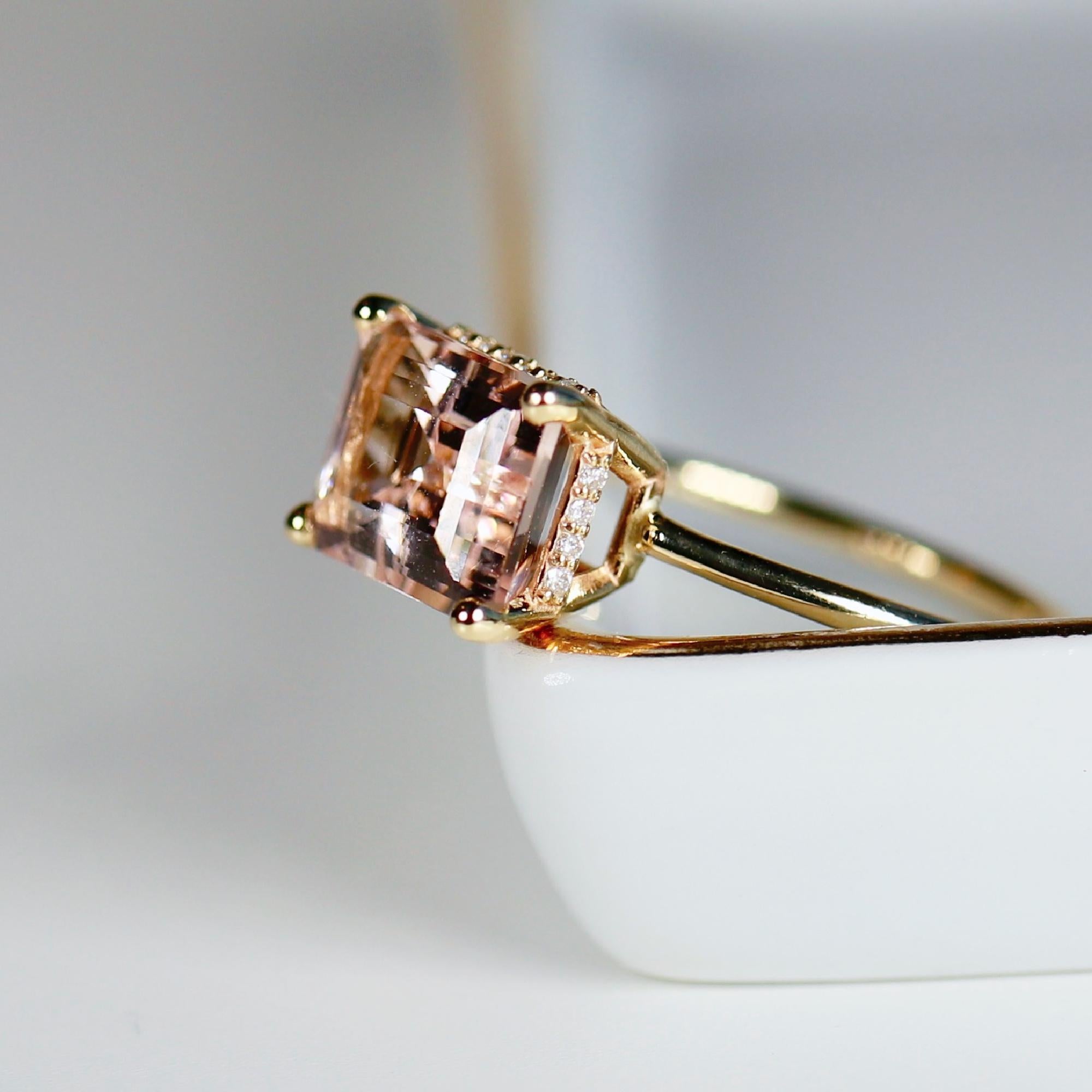 Emerald Cut Morganite Ring 14k Solid Gold, Morganite Engagement Ring, Hidden Halo Ring, Art Deco Engagement Ring,