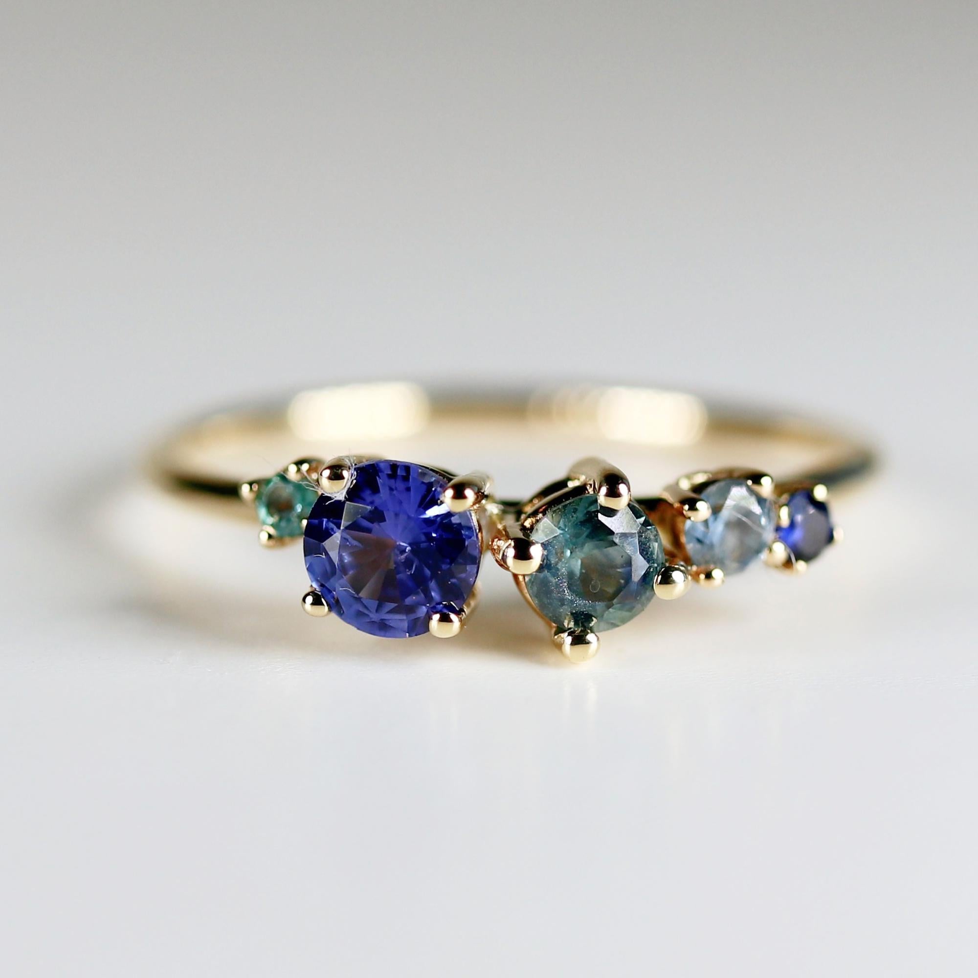 Sapphire Cluster Ring 14k Solid Gold, Handmade Multi Color Sapphire Ring, Family Birthstone Ring, Anniversary ring