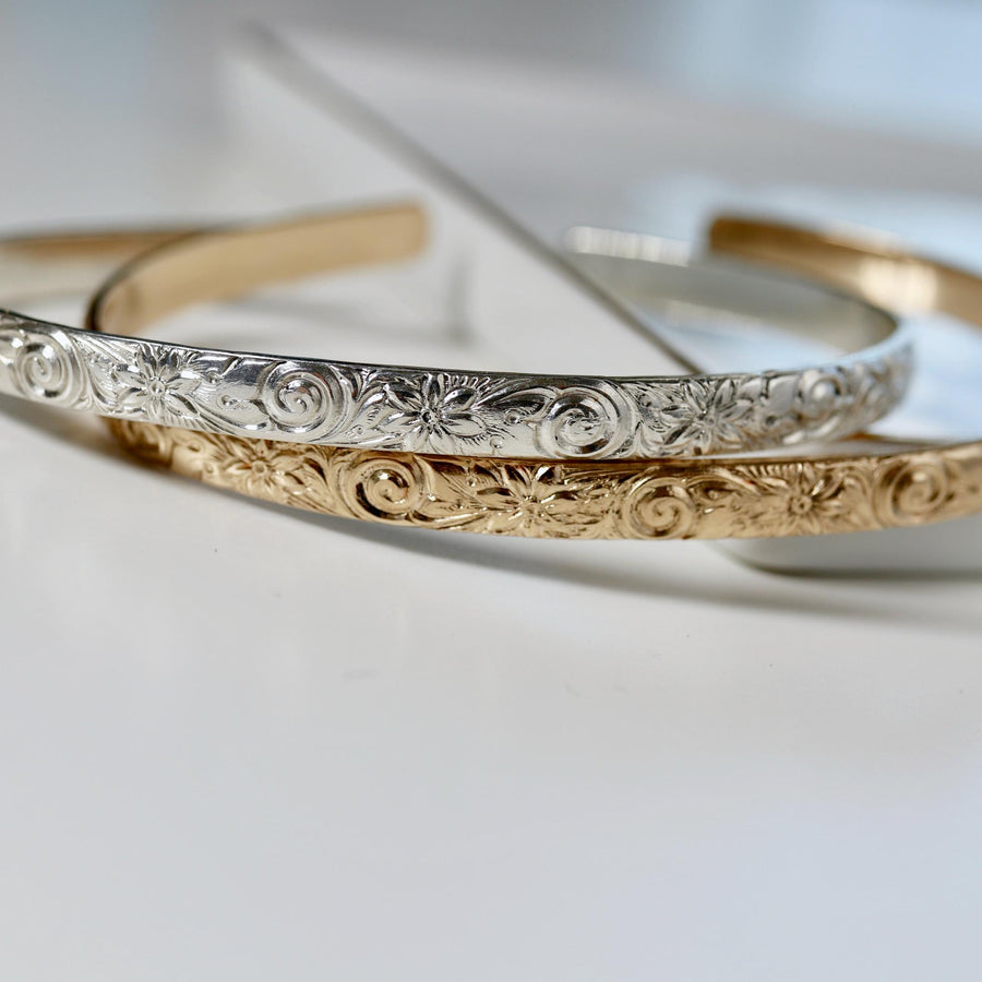 Open Cuff Message Bracelet Flowers, Gold Cuff, Silver Cuff, Handwriting Inside, Hidden Message, Bracelet, Etched Gold Open Bangle Bracelet