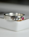 Ruby Ring, Mixed Metal Ring, Sterling Silver Ruby Ring, Silver Wedding Band, Hammered Silver Band 14k Gold Bezel Set Diamond, Promise Ring