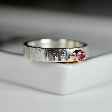 Ruby Ring, Mixed Metal Ring, Sterling Silver Ruby Ring, Silver Wedding Band, Hammered Silver Band 14k Gold Bezel Set Diamond, Promise Ring