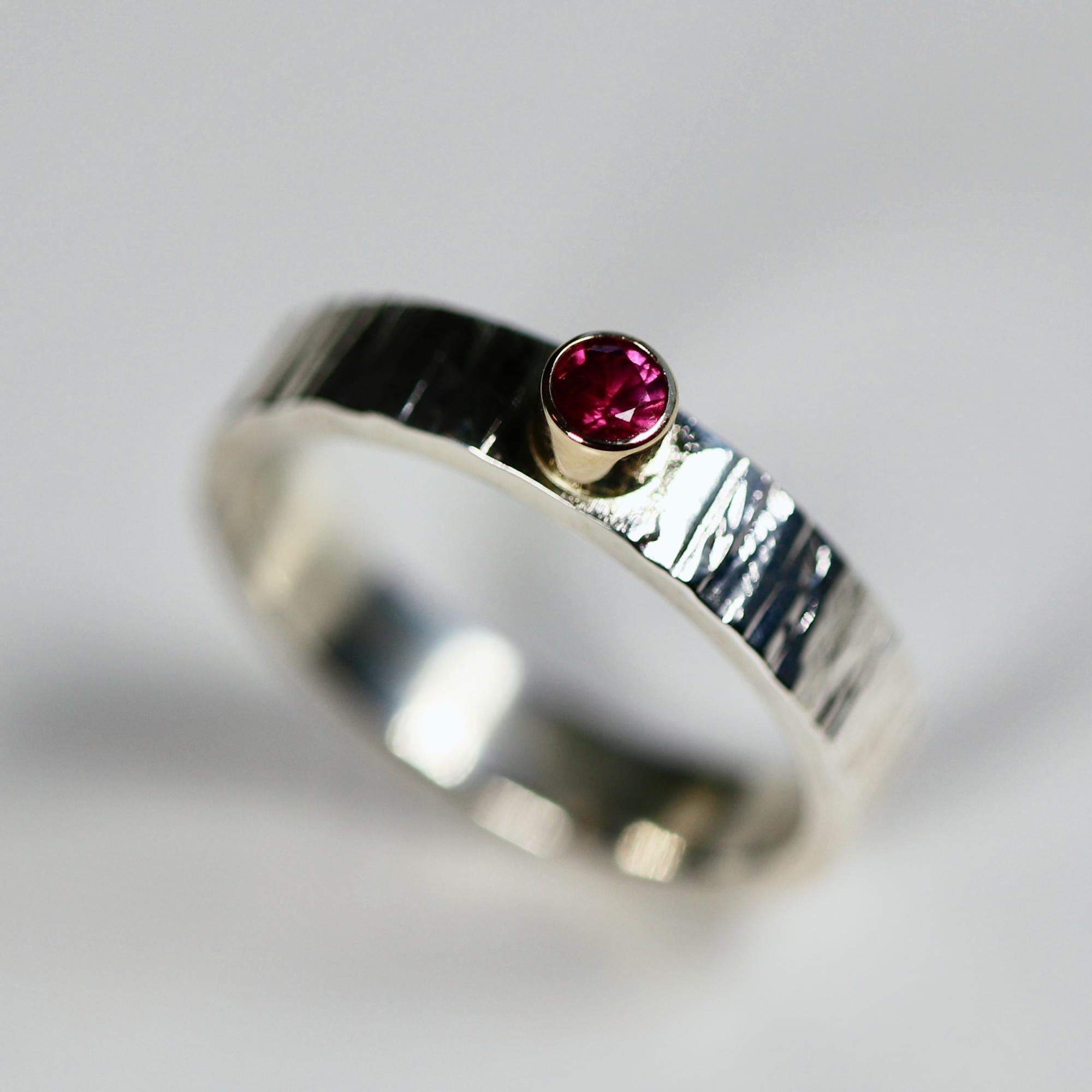 Ruby Ring, Mixed Metal Ring, Sterling Silver Ruby Ring, Silver Wedding Band, Hammered Silver Band 14k Gold Bezel Set Diamond, Promise Ring