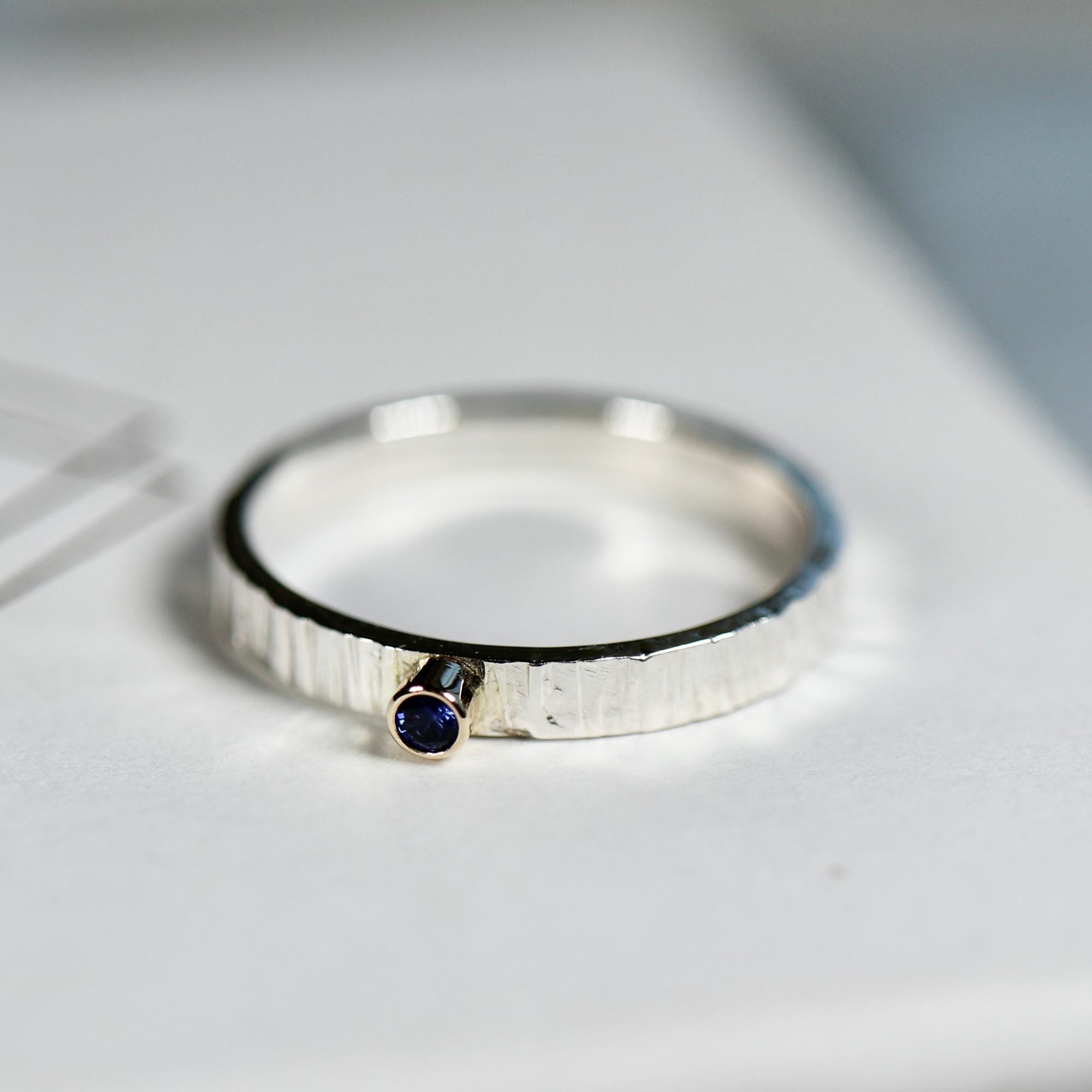 Sapphire Ring, Mixed Metal Ring, Sterling Silver Sapphire Ring, September Birthstone, Hammered Silver Band 14k Gold Bezel Set Promise Ring