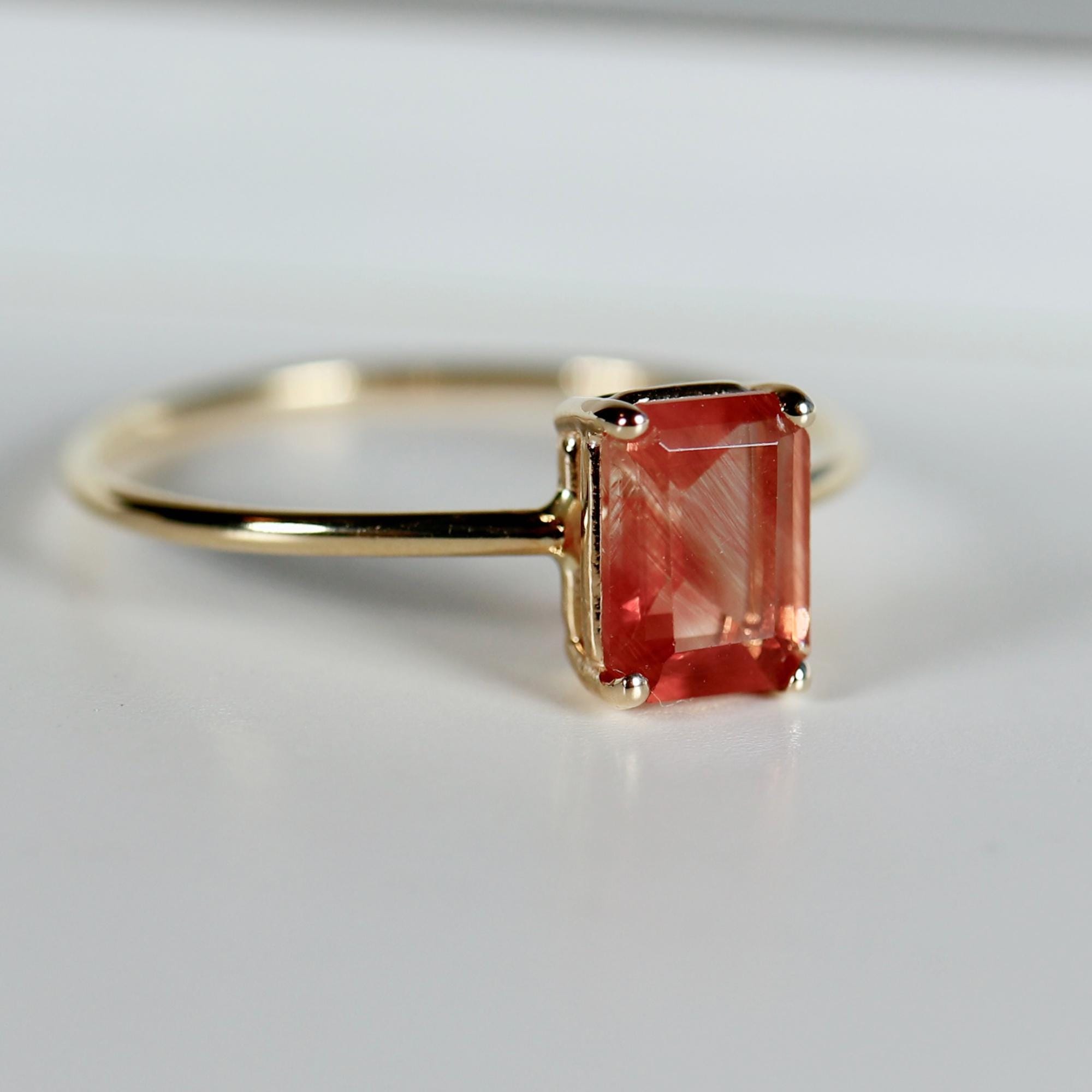 Solitaire Sunstone Ring 14k Solid Gold, Emerald Cut Sunstone Engagement Ring, Sun Stone Promise Ring, Anniversary Ring