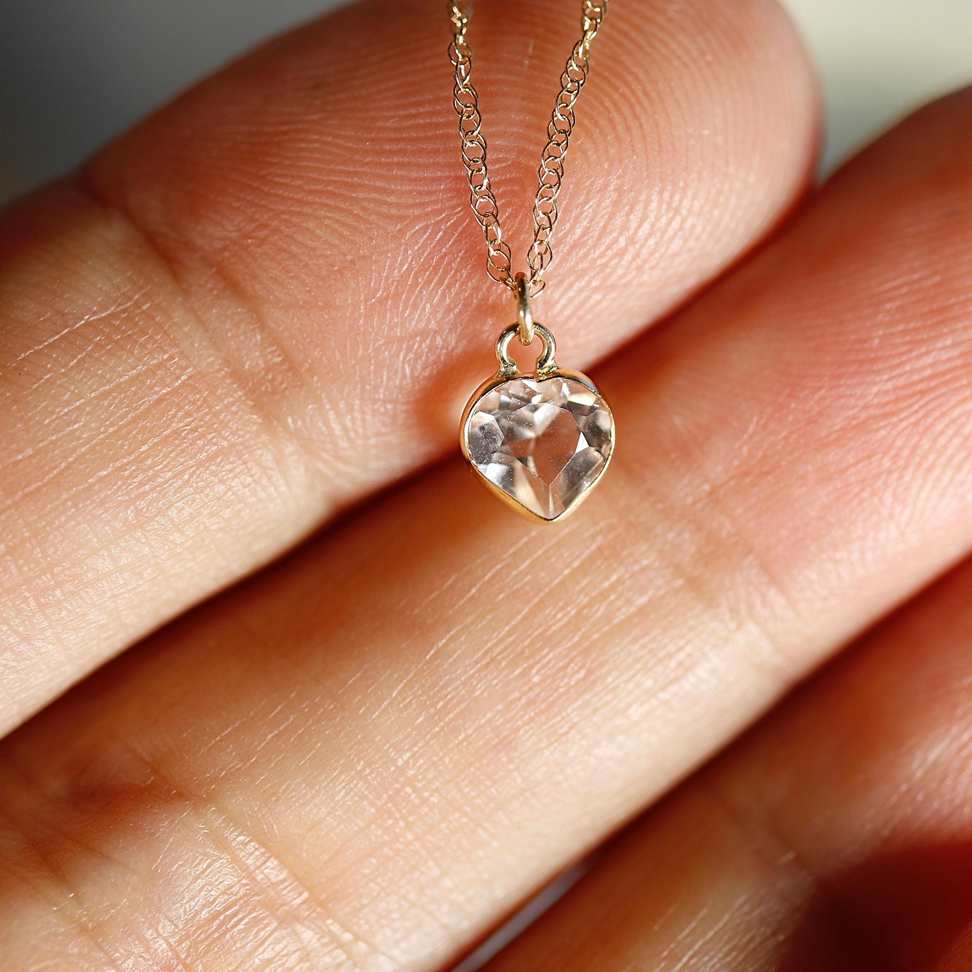 Heart White Topaz Charm or Necklace 14k Solid Gold