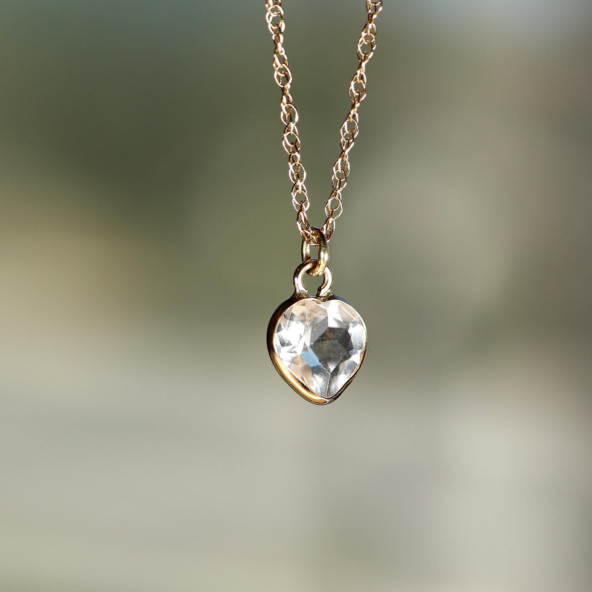 Heart White Topaz Charm or Necklace 14k Solid Gold