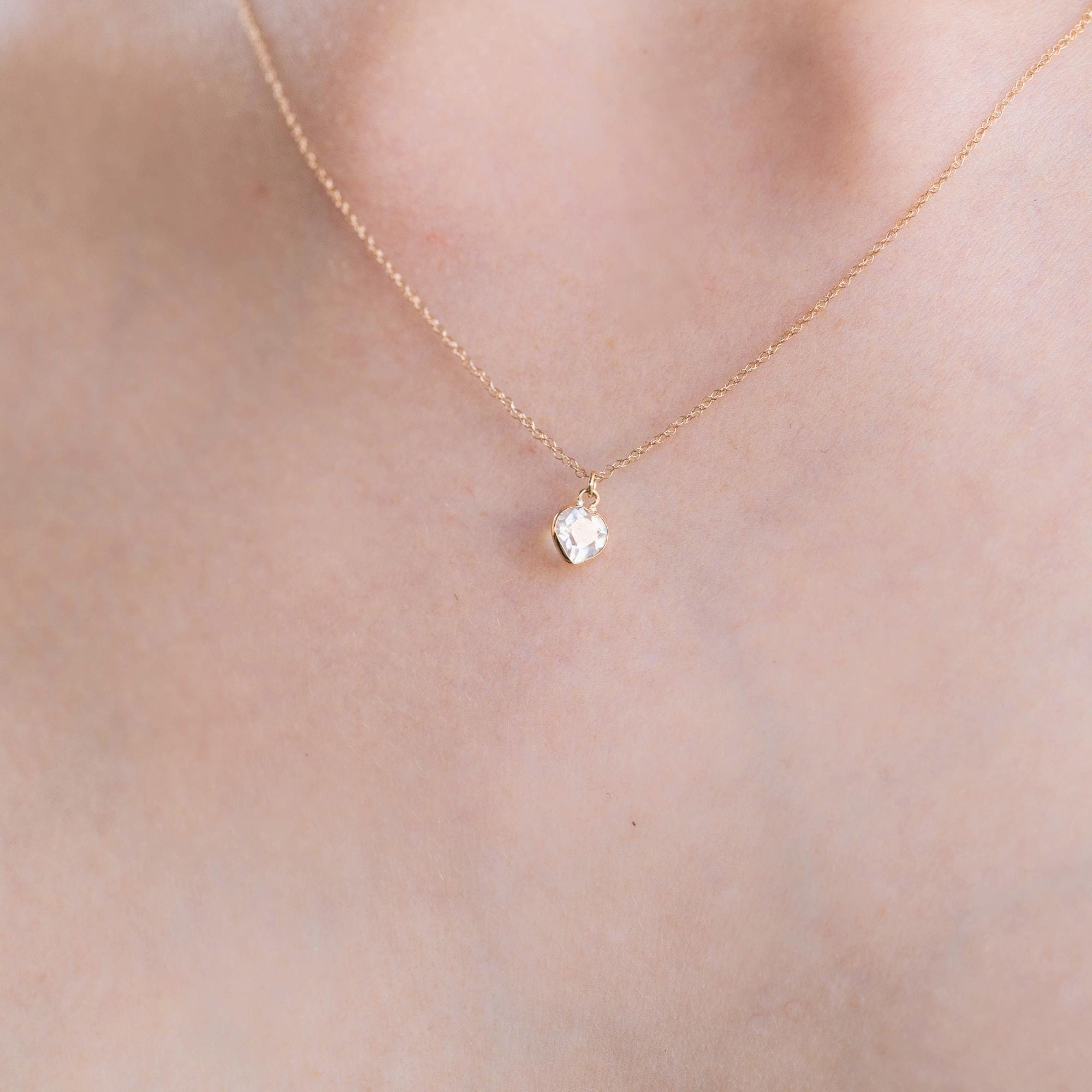 Heart White Topaz Charm or Necklace 14k Solid Gold