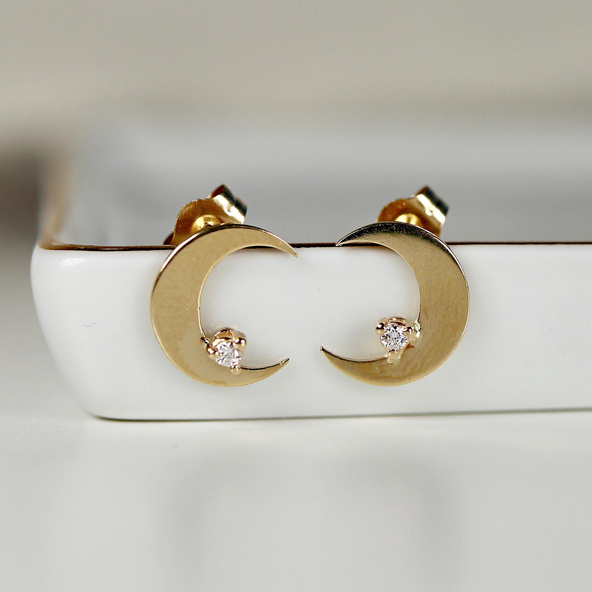 Diamond Moon Earrings 14k Solid Gold (SINGLE or PAIR) - Melt'm Jewelry
