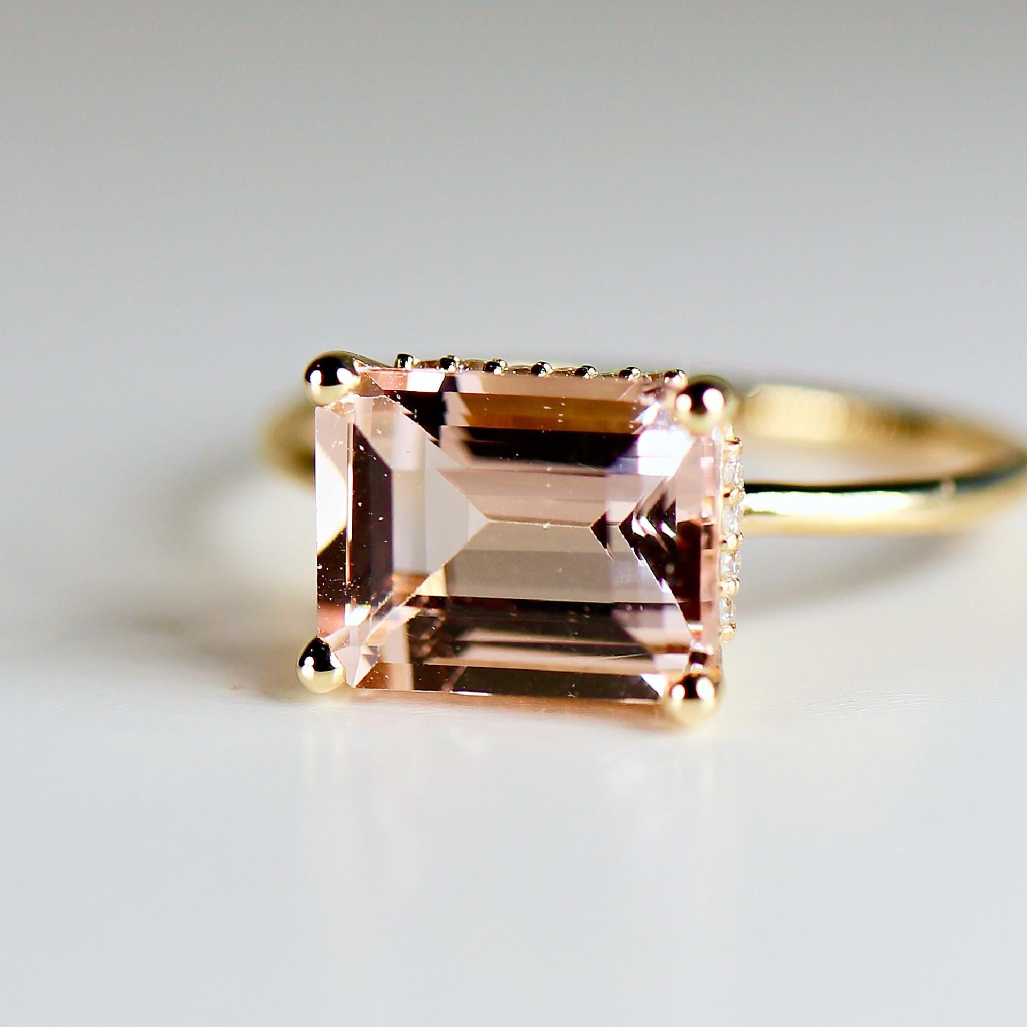 Emerald Cut Morganite Ring 14k Solid Gold, Morganite Engagement Ring, Hidden Halo Ring, Art Deco Engagement Ring,