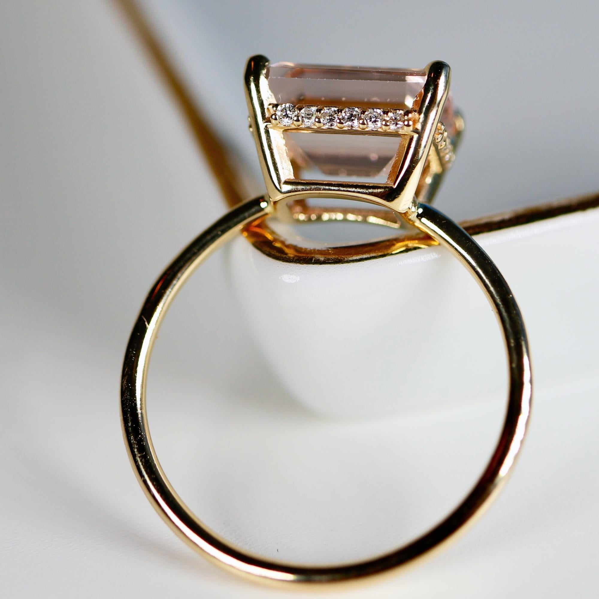 Emerald Cut Morganite Ring 14k Solid Gold