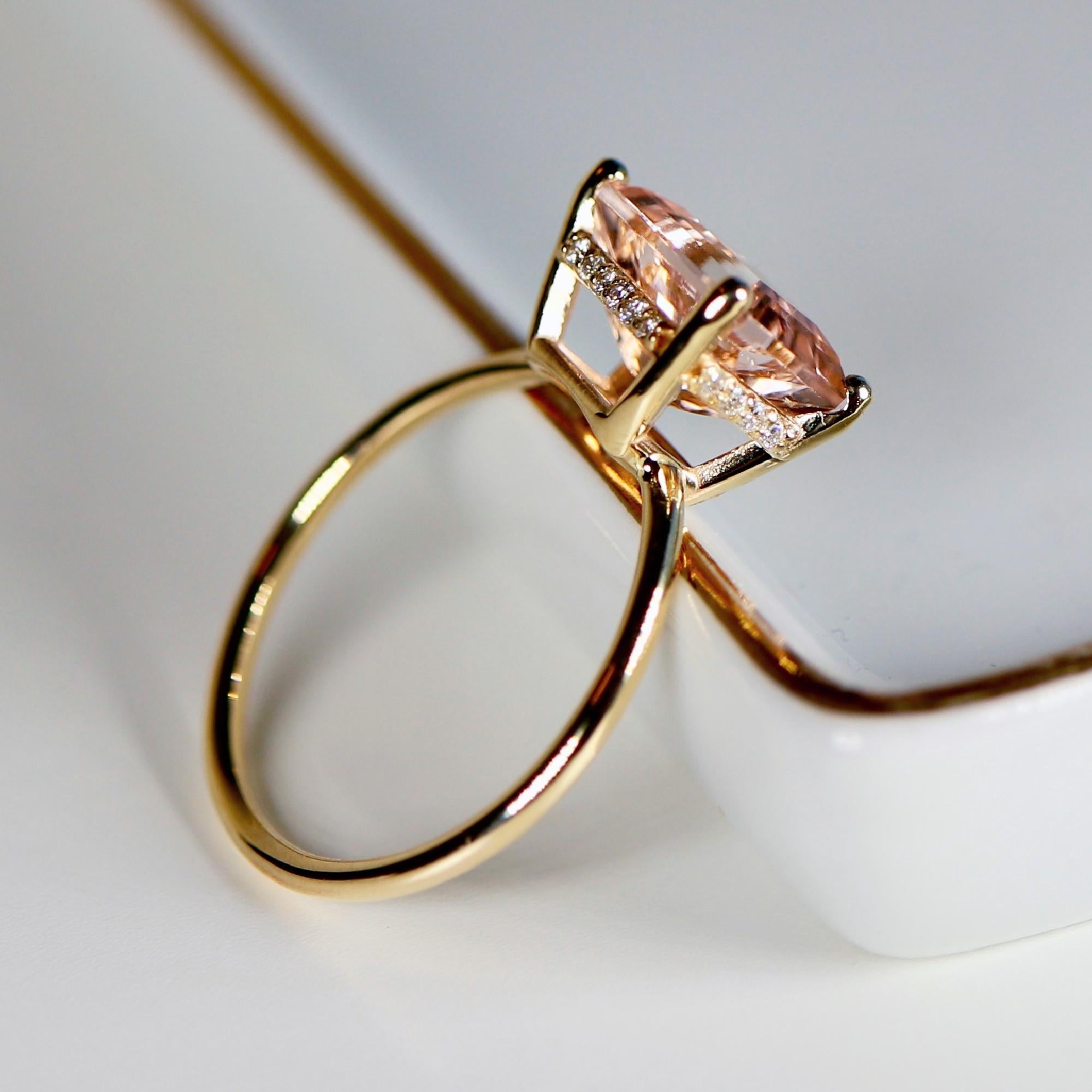 Emerald Cut Morganite Ring 14k Solid Gold, Morganite Engagement Ring, Hidden Halo Ring, Art Deco Engagement Ring,