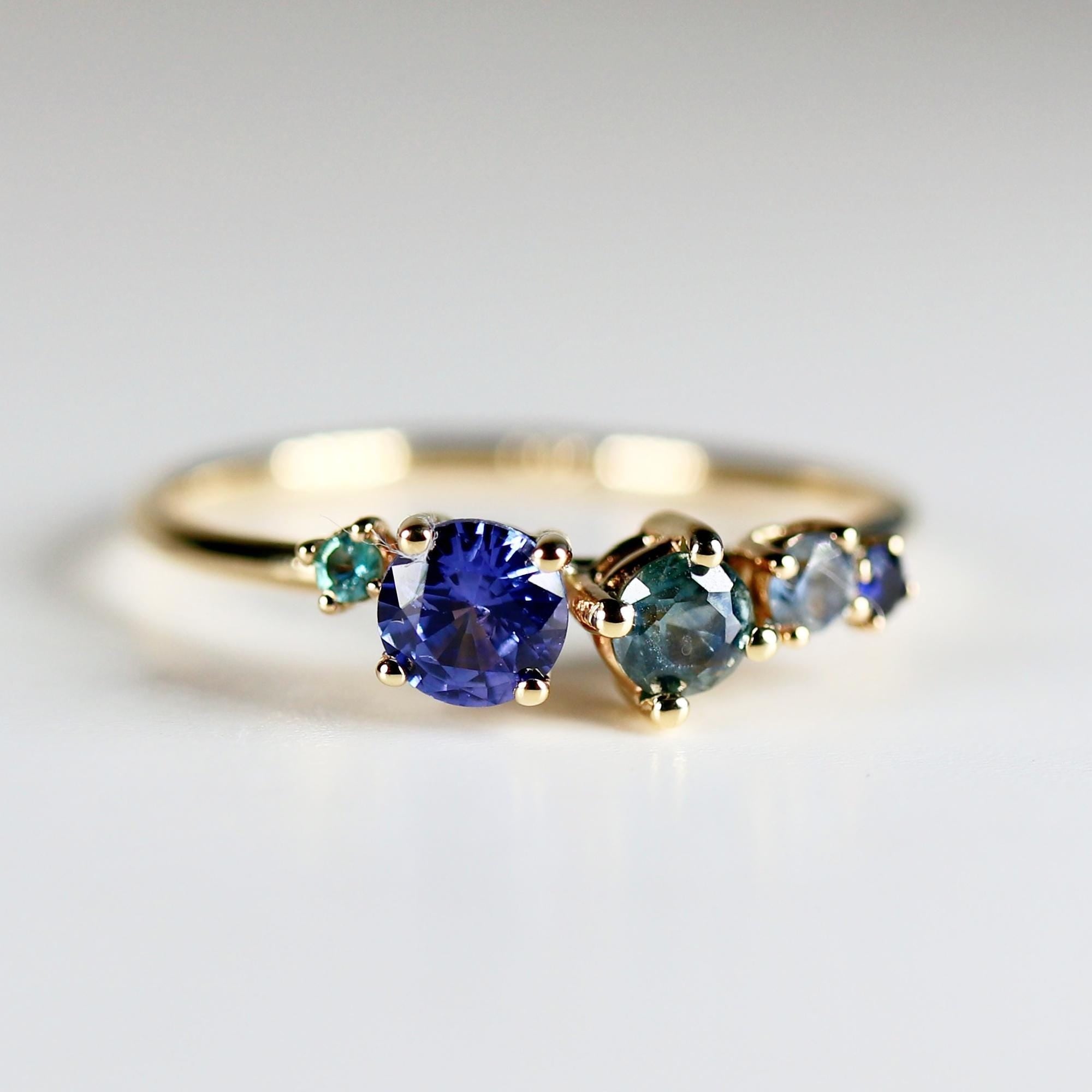 Sapphire Cluster Ring 14k Solid Gold