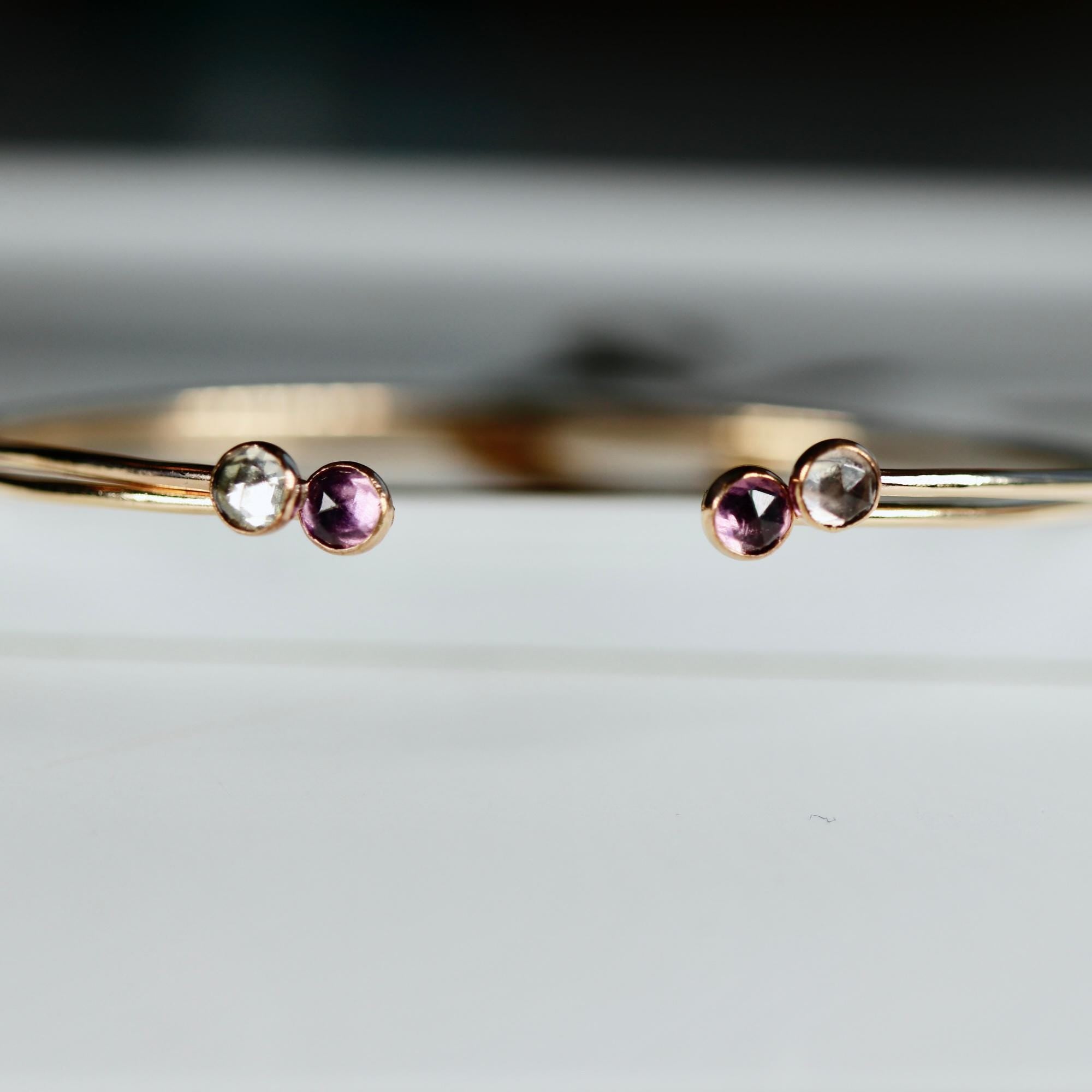 Dual Birthstone Bracelets Gold Filled or Sterling Silver, Open Gemstone Bangles