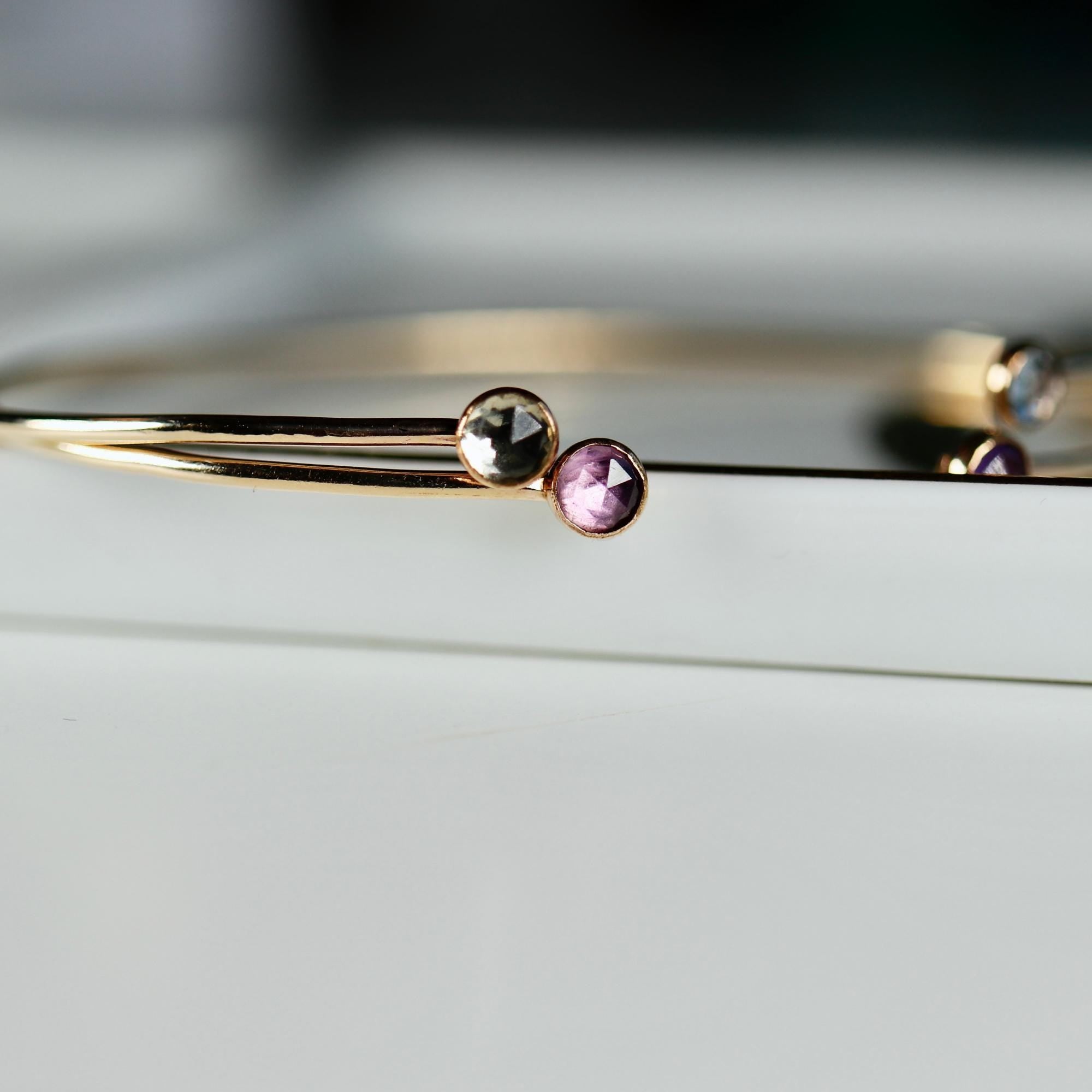 Dual Birthstone Bracelets Gold Filled or Sterling Silver, Open Gemstone Bangles